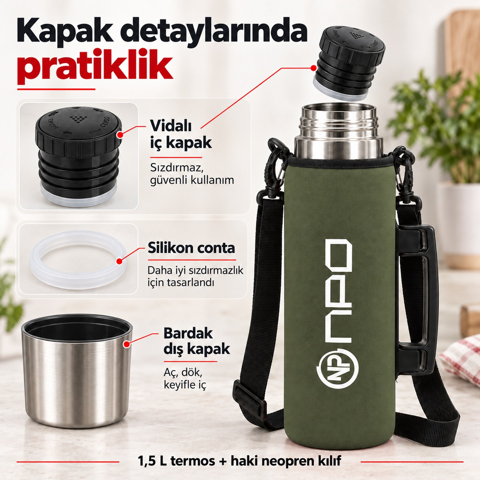 NPO NT01 2 Katman Vakum Teknolojili 24H Sıcak 48H Soğuk 72H Buzlu Koruma Çelik Termos Haki Kılıflı