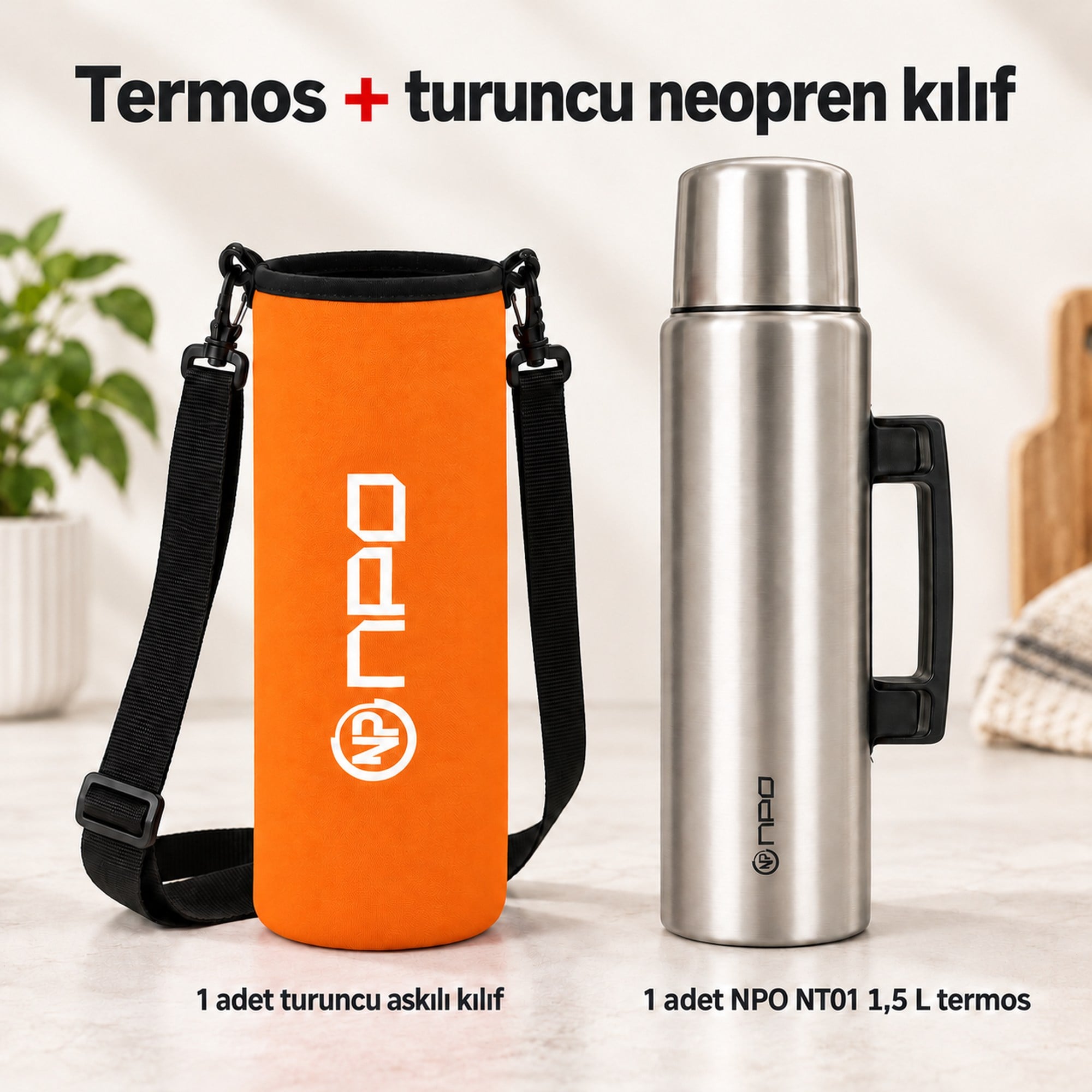 NPO NT01 2 Katman Vakum Teknolojili 24H Sıcak 48HSoğuk 72HBuzlu Koruma Çelik Termos Turuncu Kılıflı