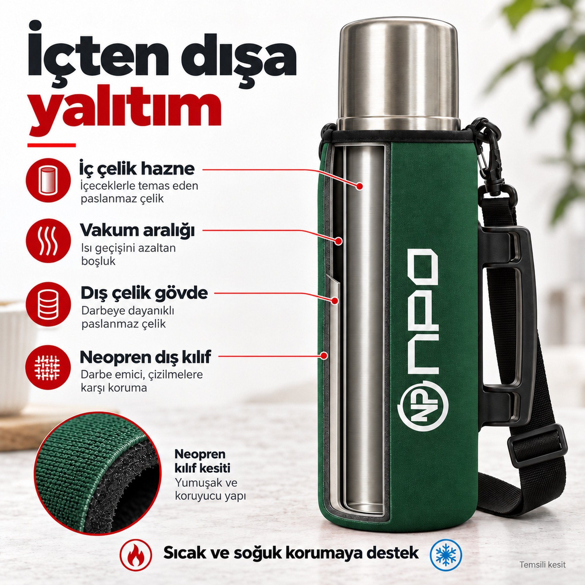 NPO NT01 2 Katman Vakum Teknolojili 24H Sıcak 48H Soğuk 72H Buzlu Koruma Çelik Termos Yeşil Kılıflı