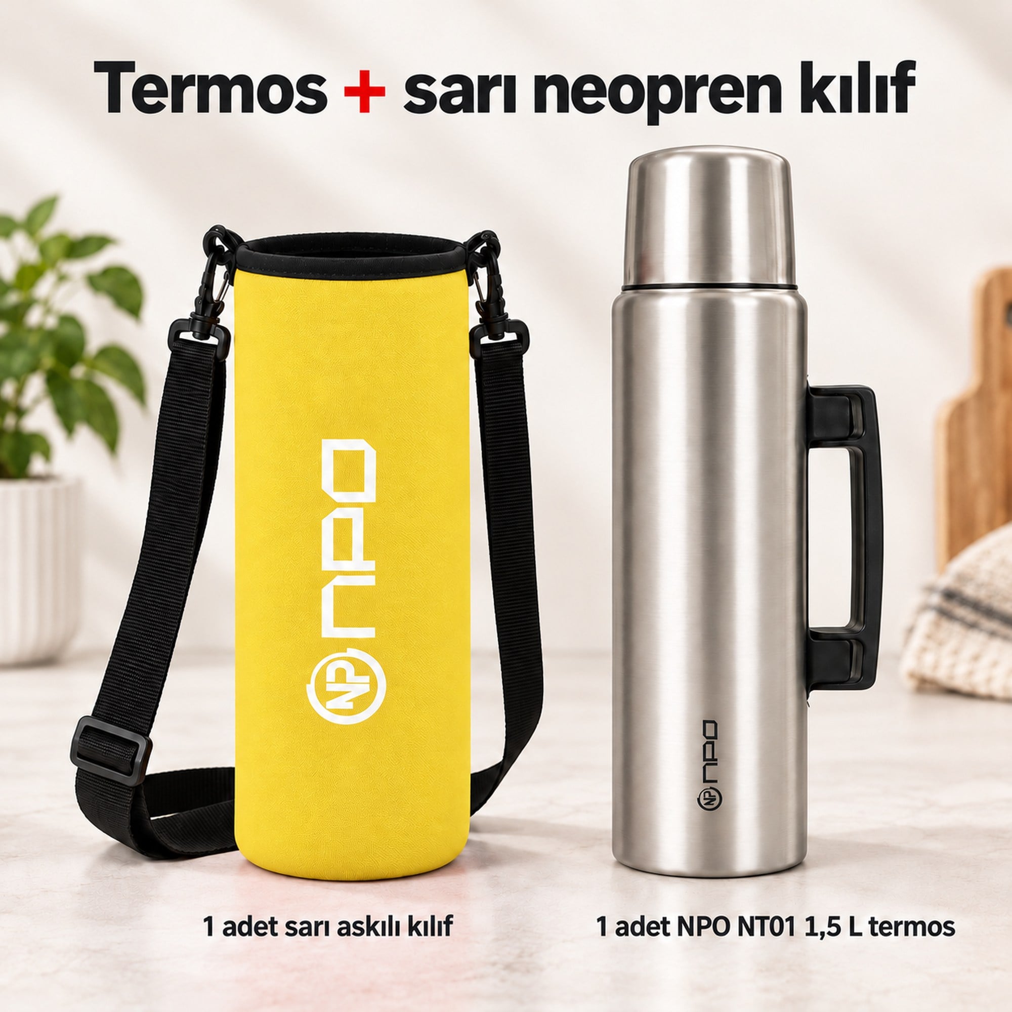 NPO NT01 2 Katman Vakum Teknolojili 24H Sıcak 48H Soğuk 72H Buzlu Koruma Çelik Termos Sarı Kılıflı