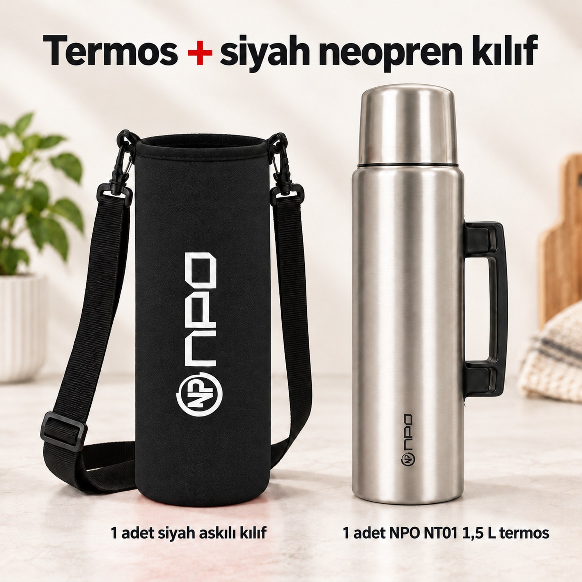 NPO NT01 2 Katman Vakum Teknolojili 24H Sıcak 48H Soğuk 72H Buzlu Koruma Çelik Termos Siyah Kılıflı