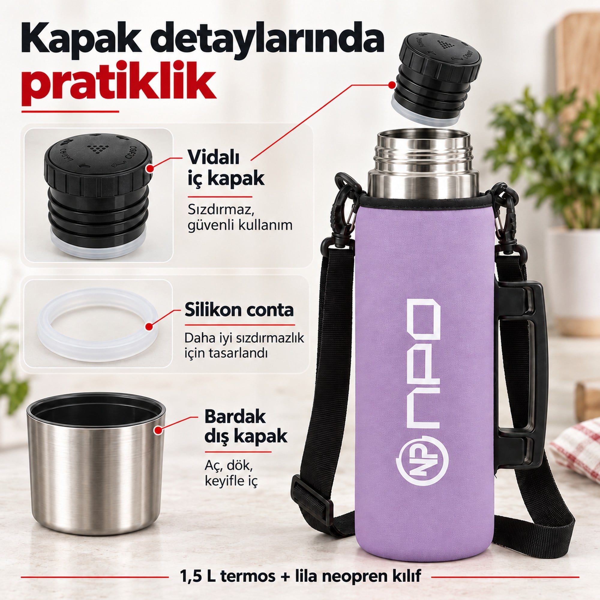NPO NT01 2 Katman Vakum Teknolojili 24H Sıcak 48H Soğuk 72H Buzlu Koruma Çelik Termos Lila Kılıflı