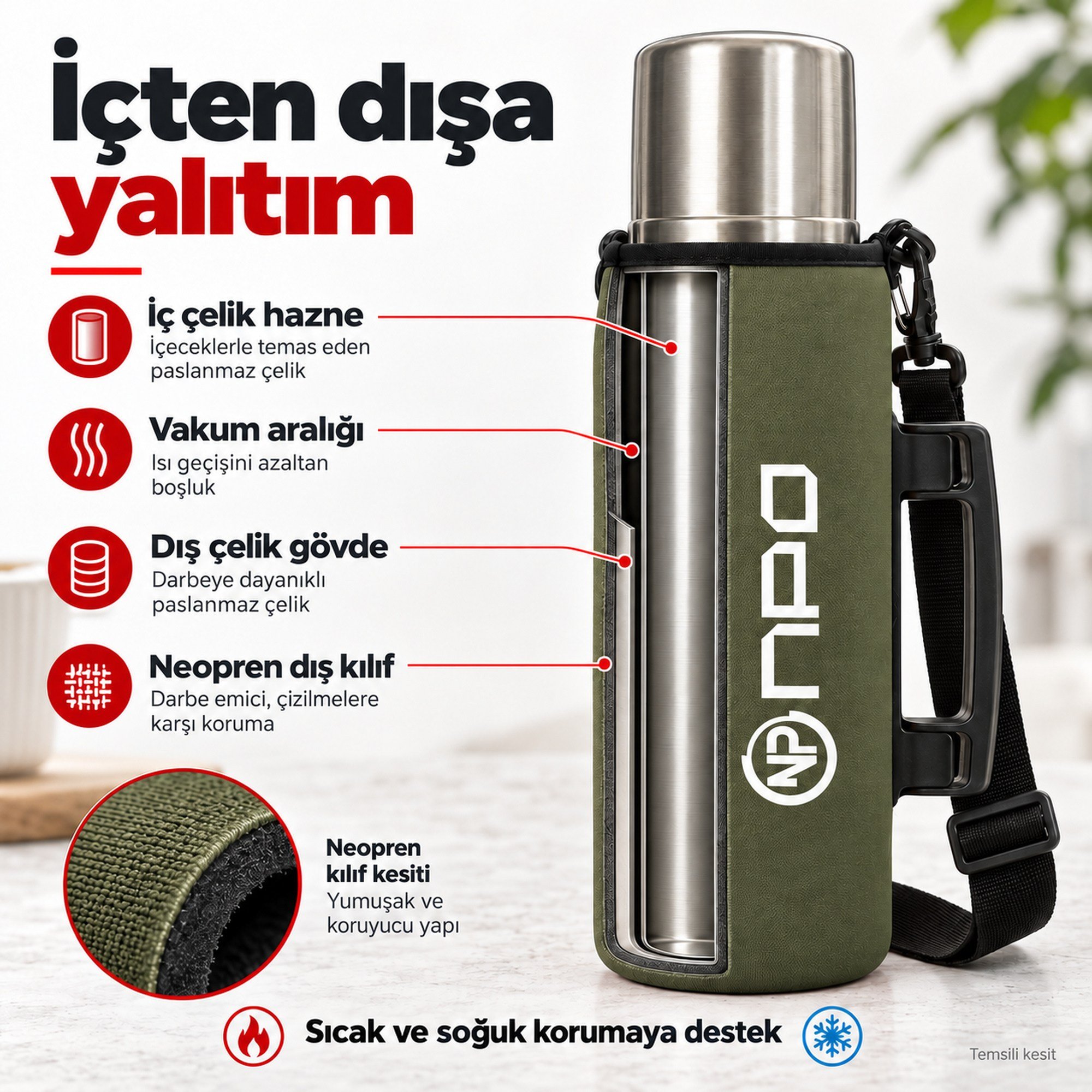 NPO NT01 2 Katman Vakum Teknolojili 24H Sıcak 48H Soğuk 72H Buzlu Koruma Çelik Termos Haki Kılıflı