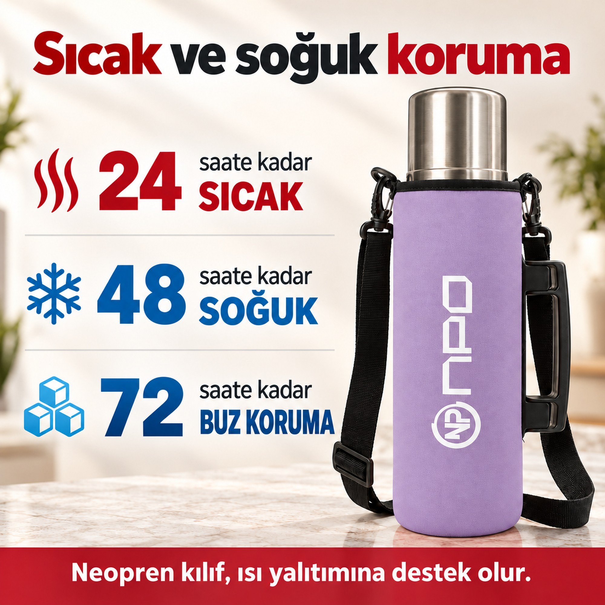 NPO NT01 2 Katman Vakum Teknolojili 24H Sıcak 48H Soğuk 72H Buzlu Koruma Çelik Termos Lila Kılıflı