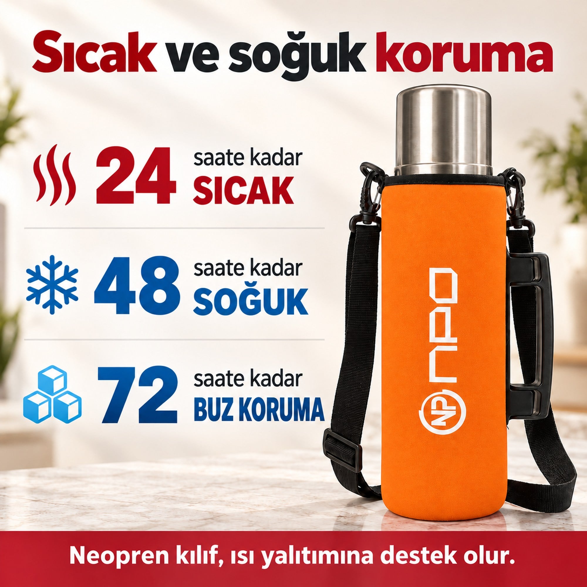 NPO NT01 2 Katman Vakum Teknolojili 24H Sıcak 48HSoğuk 72HBuzlu Koruma Çelik Termos Turuncu Kılıflı