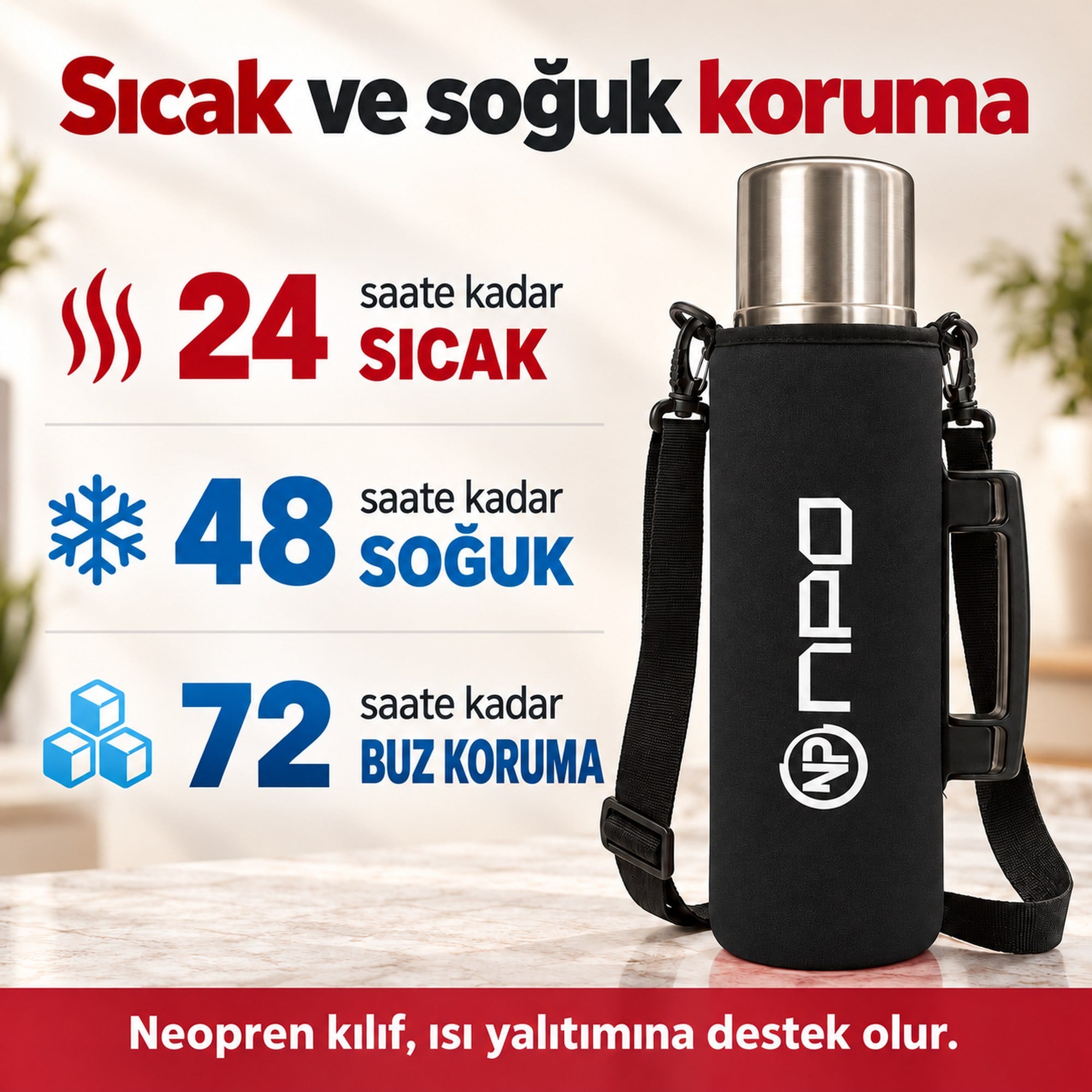NPO NT01 2 Katman Vakum Teknolojili 24H Sıcak 48H Soğuk 72H Buzlu Koruma Çelik Termos Siyah Kılıflı