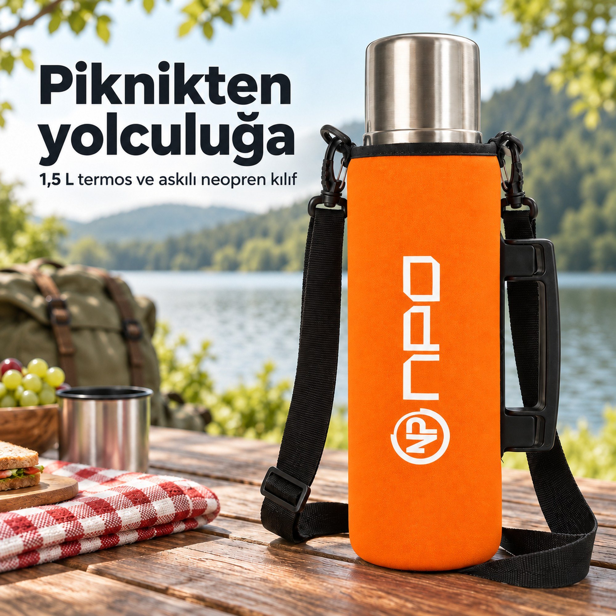 NPO NT01 2 Katman Vakum Teknolojili 24H Sıcak 48HSoğuk 72HBuzlu Koruma Çelik Termos Turuncu Kılıflı