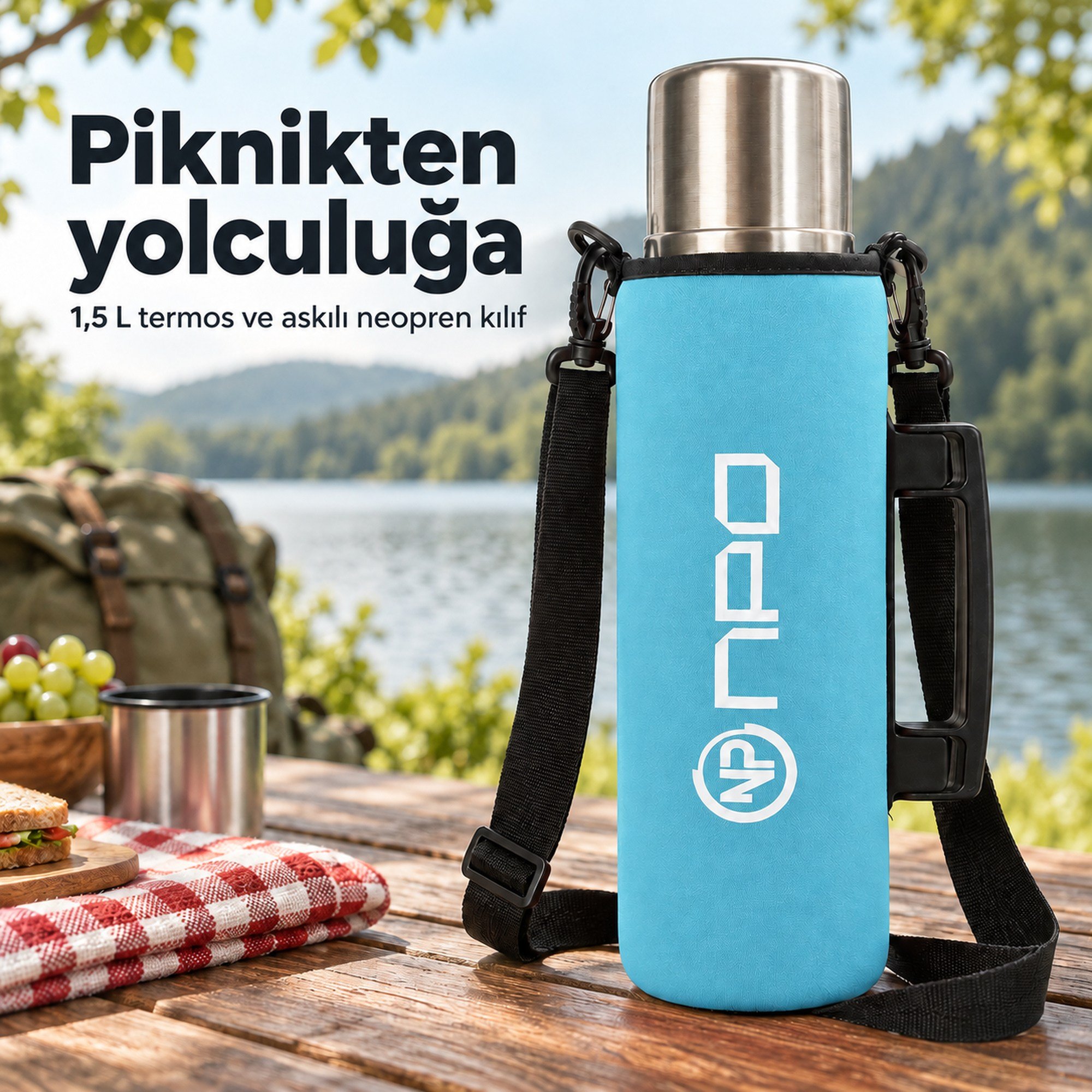 NPO NT01 2 Katman Vakum Teknolojili 24 HSıcak 48HSoğuk 72HBuzlu Koruma Çelik Termos Turkuaz Kılıflı