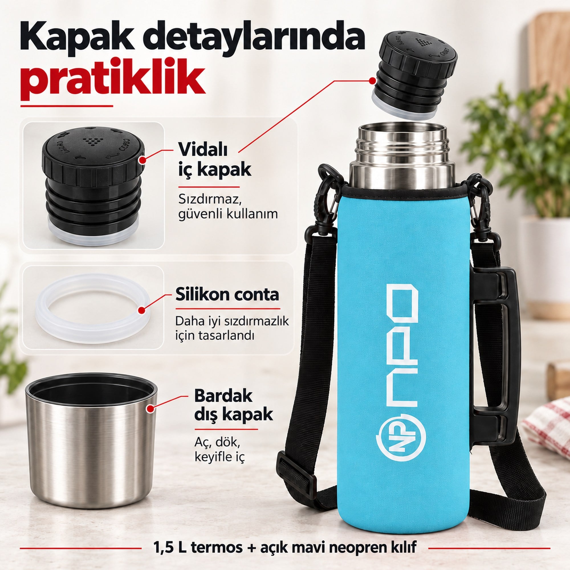 NPO NT01 2 Katman Vakum Teknolojili 24 HSıcak 48HSoğuk 72HBuzlu Koruma Çelik Termos Turkuaz Kılıflı