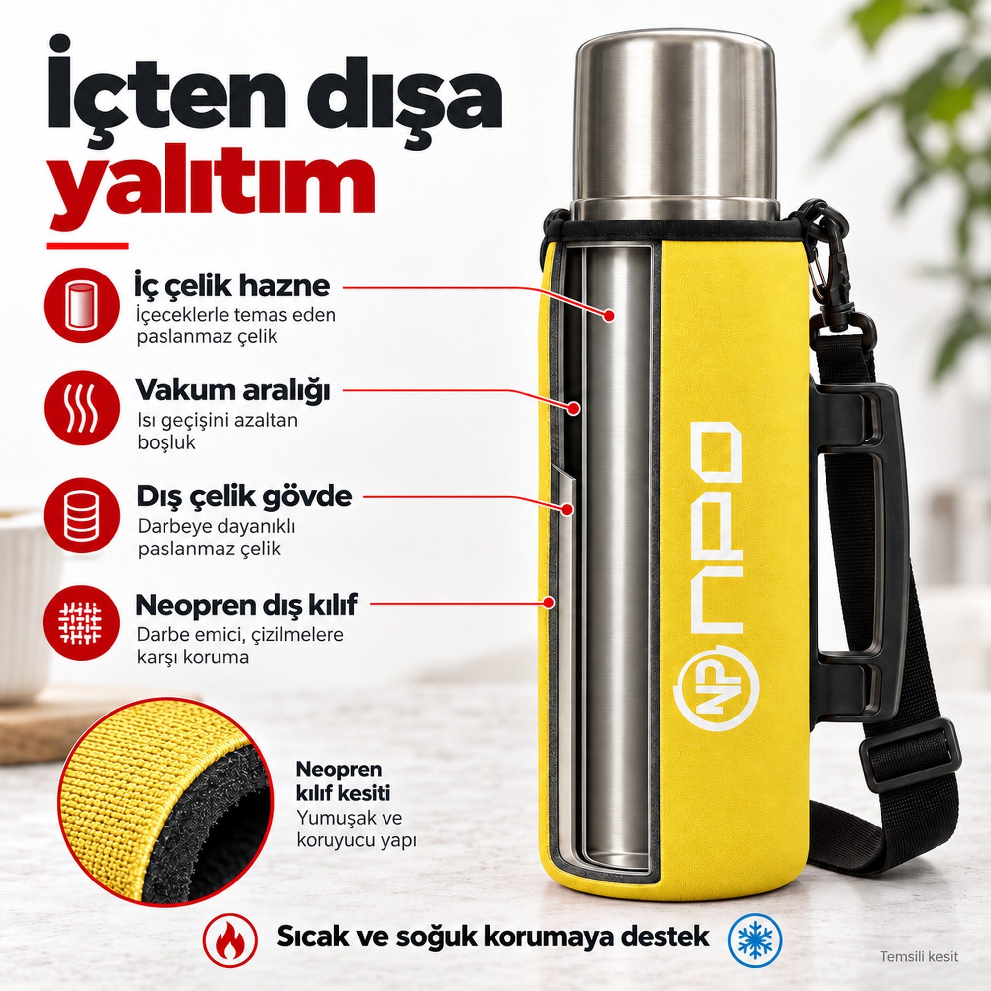 NPO NT01 2 Katman Vakum Teknolojili 24H Sıcak 48H Soğuk 72H Buzlu Koruma Çelik Termos Sarı Kılıflı