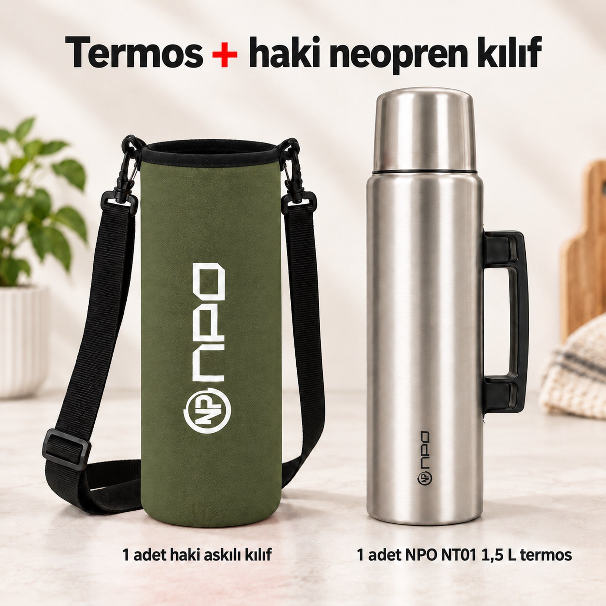 NPO NT01 2 Katman Vakum Teknolojili 24H Sıcak 48H Soğuk 72H Buzlu Koruma Çelik Termos Haki Kılıflı