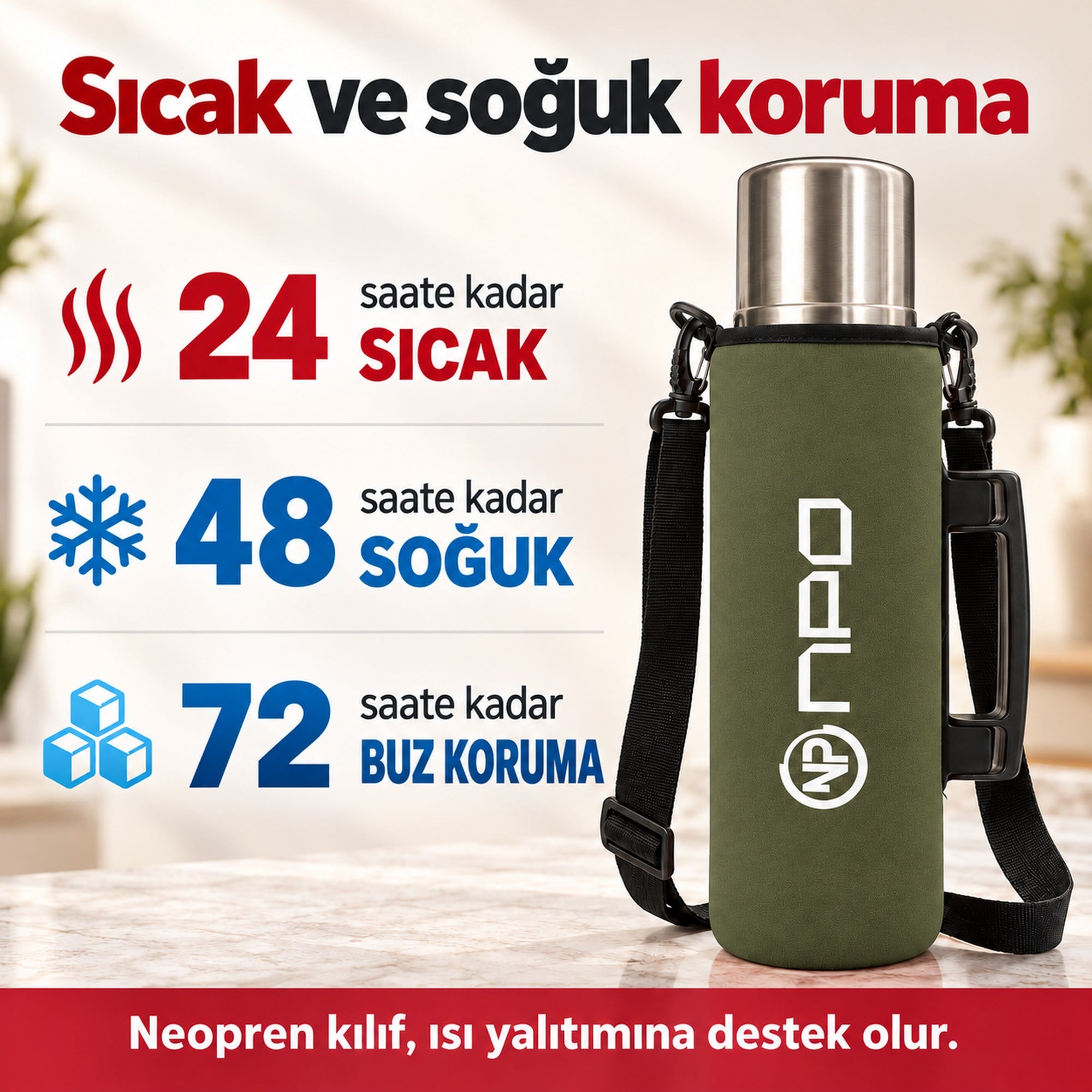 NPO NT01 2 Katman Vakum Teknolojili 24H Sıcak 48H Soğuk 72H Buzlu Koruma Çelik Termos Haki Kılıflı