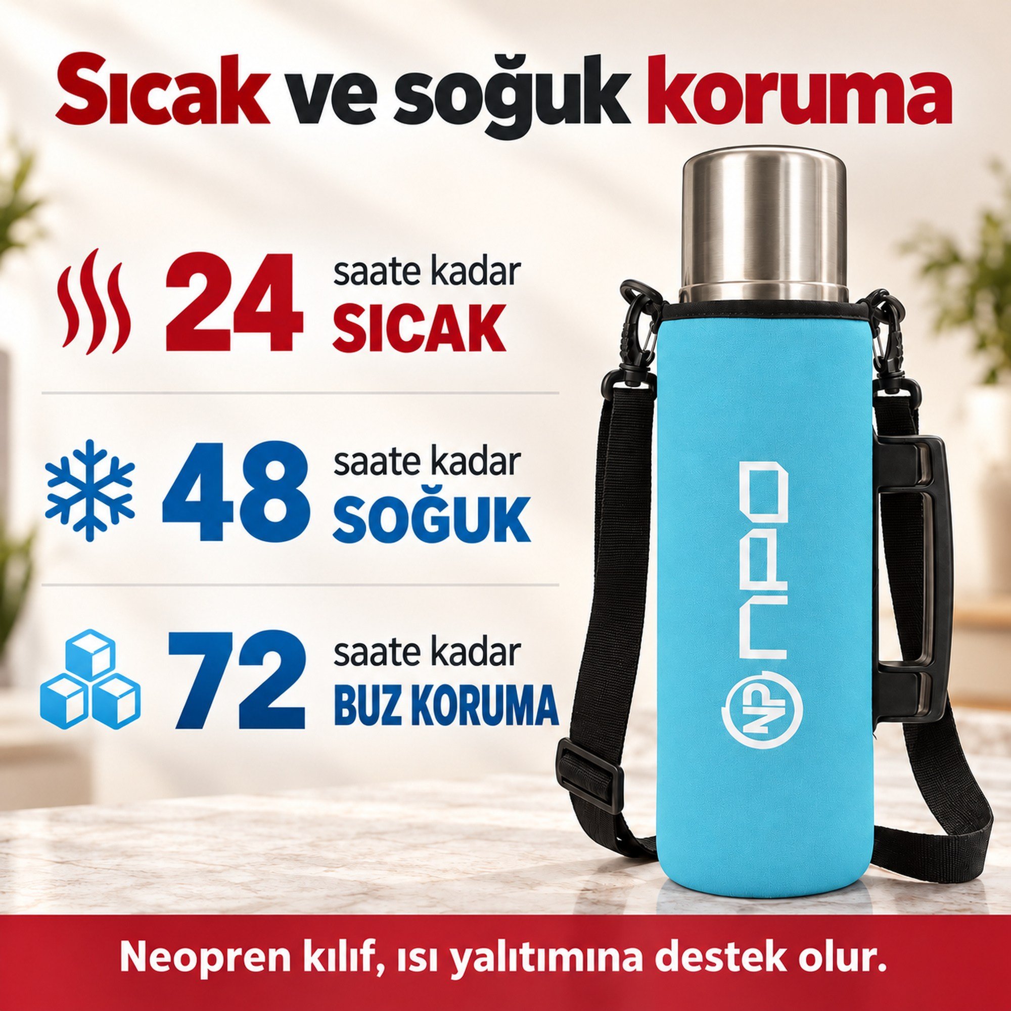 NPO NT01 2 Katman Vakum Teknolojili 24 HSıcak 48HSoğuk 72HBuzlu Koruma Çelik Termos Turkuaz Kılıflı