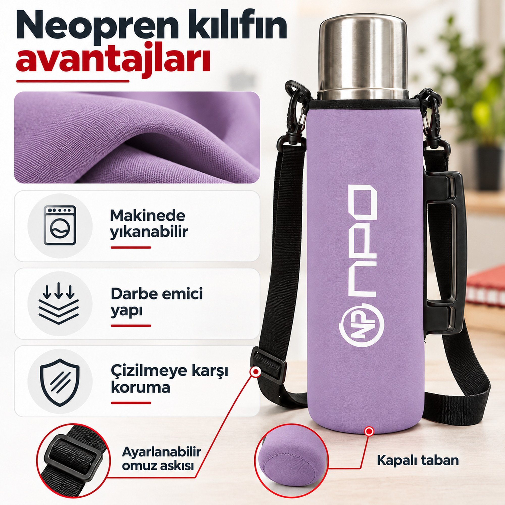NPO NT01 2 Katman Vakum Teknolojili 24H Sıcak 48H Soğuk 72H Buzlu Koruma Çelik Termos Lila Kılıflı