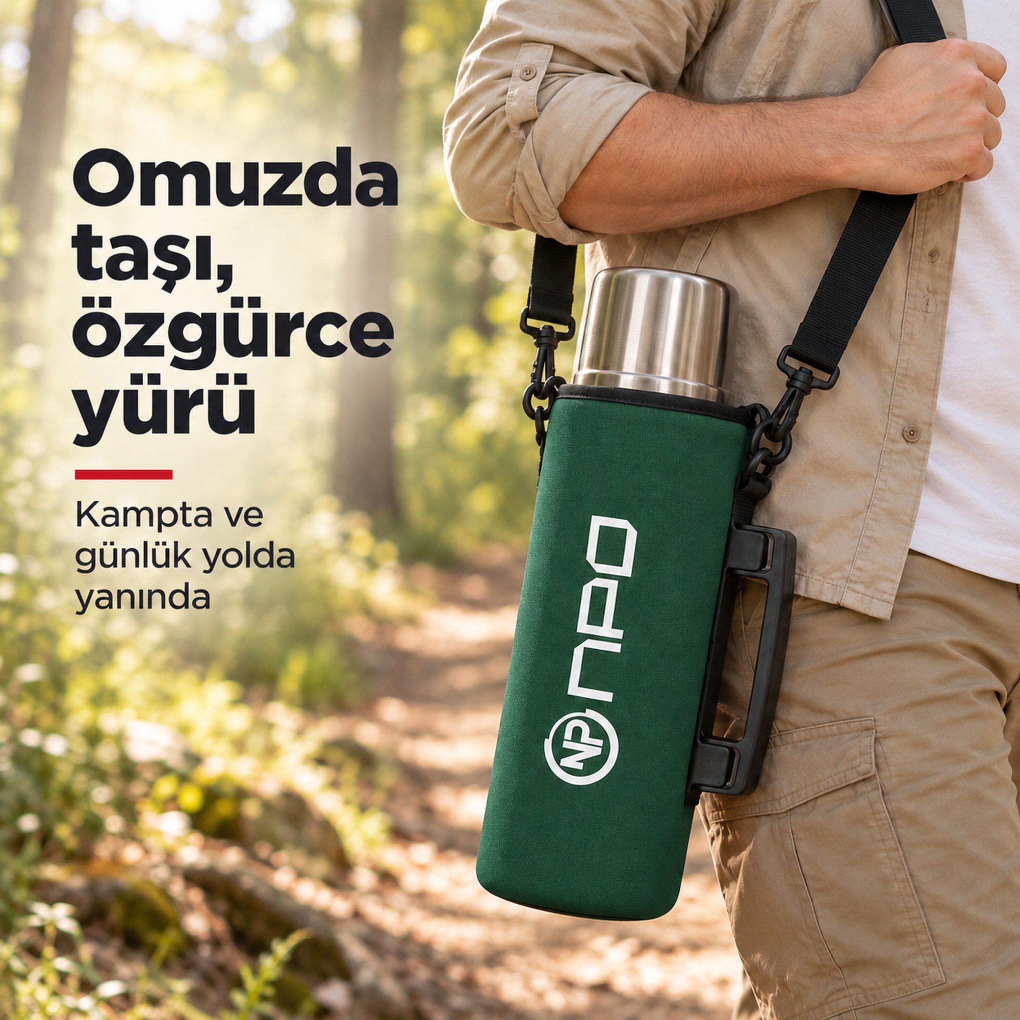 NPO NT01 2 Katman Vakum Teknolojili 24H Sıcak 48H Soğuk 72H Buzlu Koruma Çelik Termos Yeşil Kılıflı