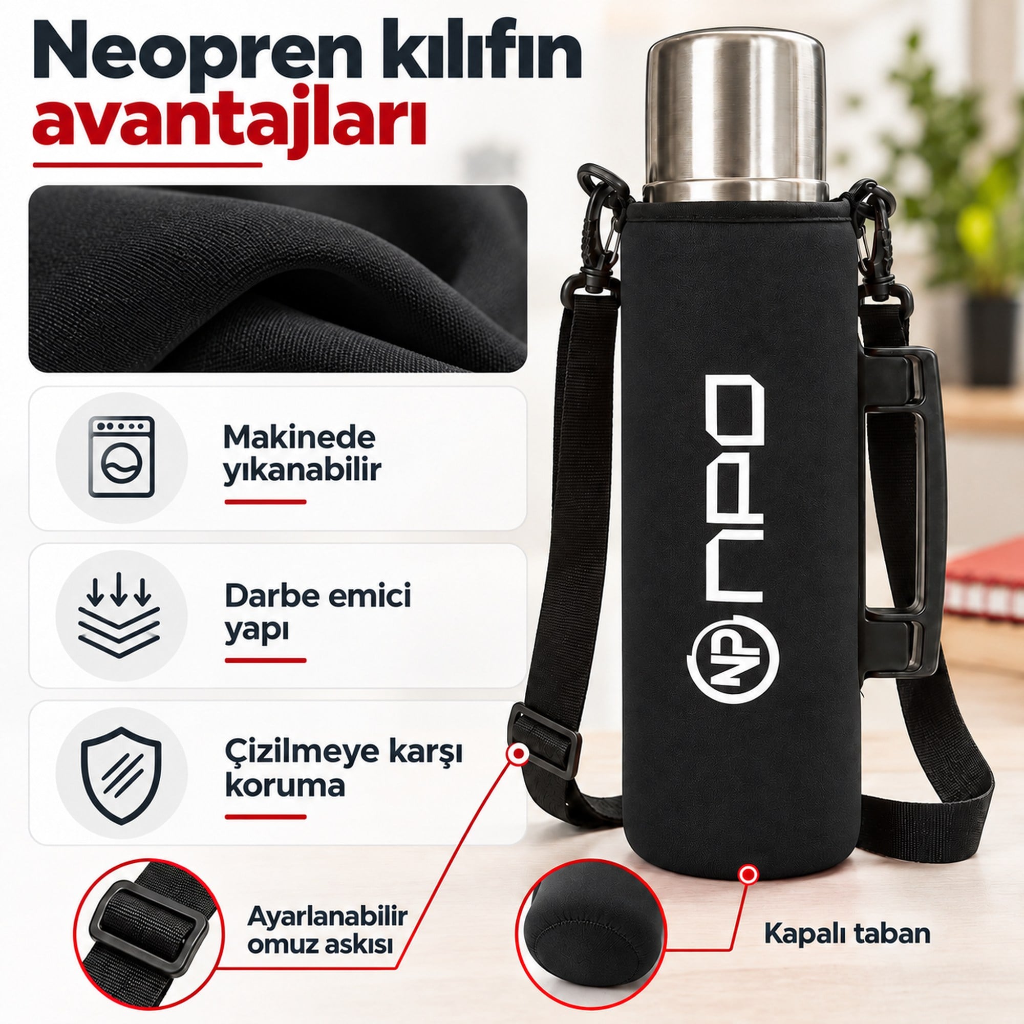 NPO NT01 2 Katman Vakum Teknolojili 24H Sıcak 48H Soğuk 72H Buzlu Koruma Çelik Termos Siyah Kılıflı