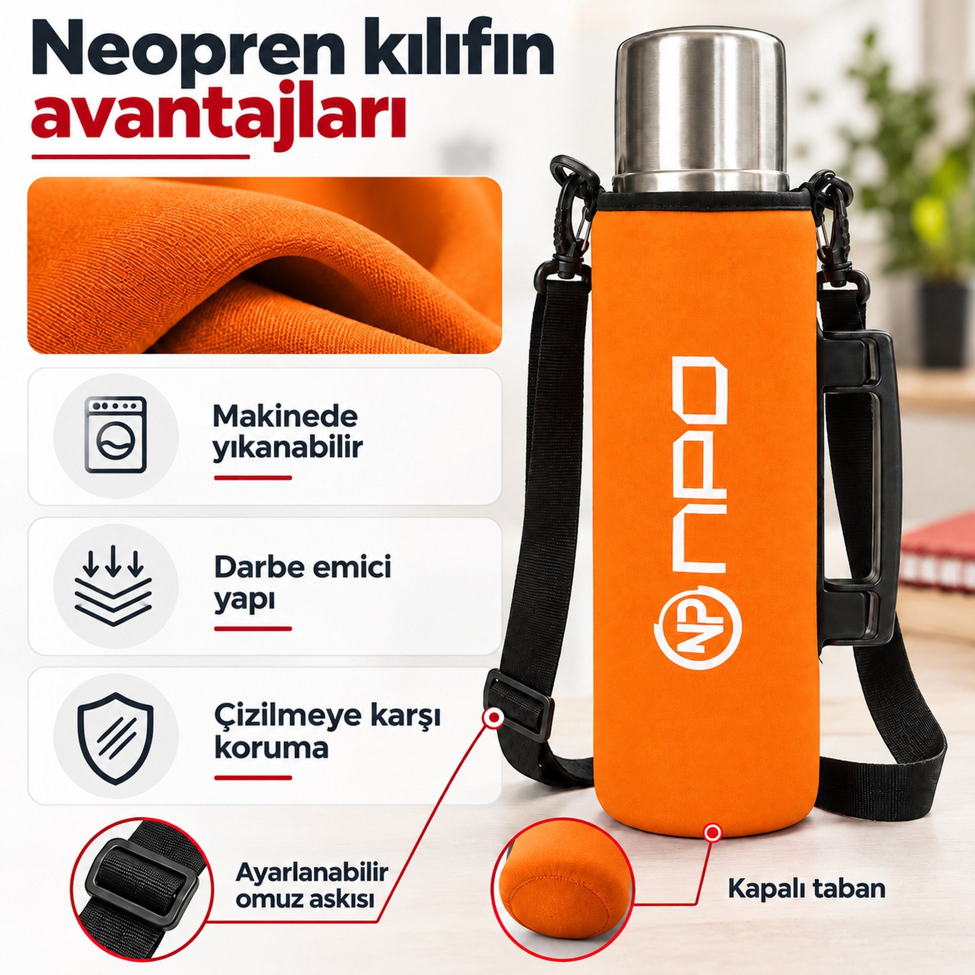 NPO NT01 2 Katman Vakum Teknolojili 24H Sıcak 48HSoğuk 72HBuzlu Koruma Çelik Termos Turuncu Kılıflı