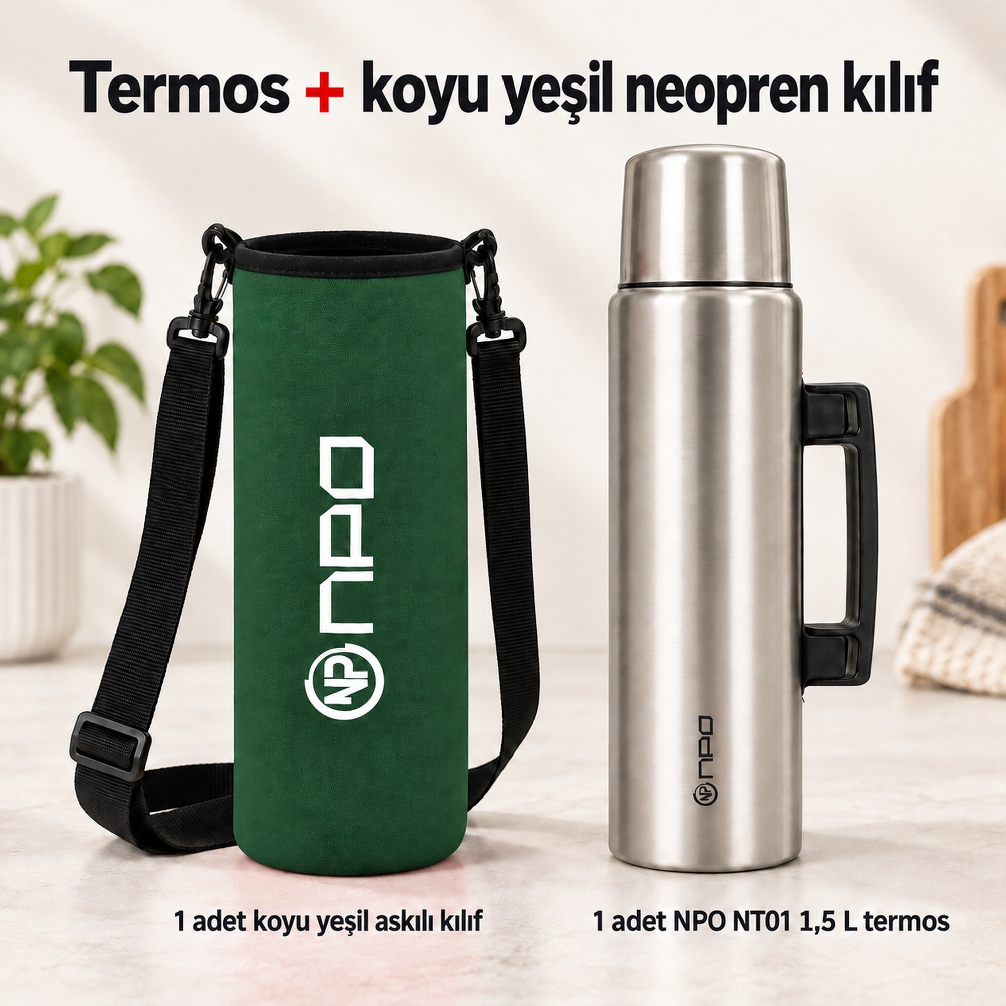 NPO NT01 2 Katman Vakum Teknolojili 24H Sıcak 48H Soğuk 72H Buzlu Koruma Çelik Termos Yeşil Kılıflı