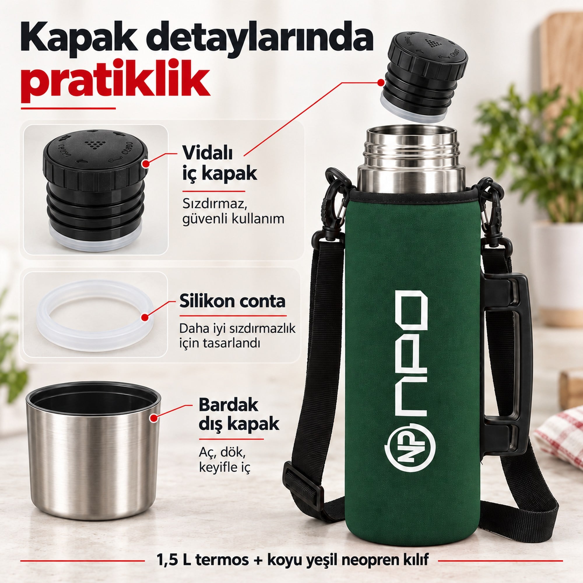 NPO NT01 2 Katman Vakum Teknolojili 24H Sıcak 48H Soğuk 72H Buzlu Koruma Çelik Termos Yeşil Kılıflı