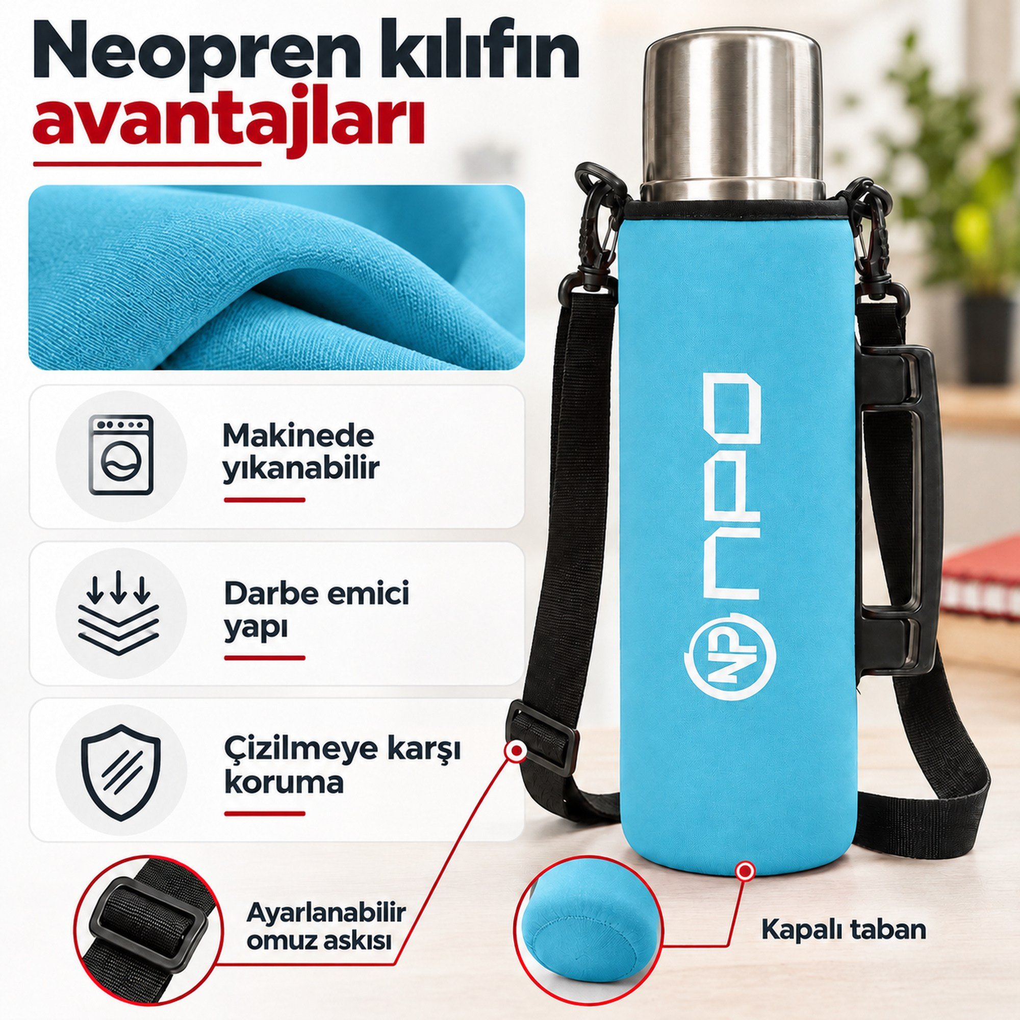 NPO NT01 2 Katman Vakum Teknolojili 24 HSıcak 48HSoğuk 72HBuzlu Koruma Çelik Termos Turkuaz Kılıflı