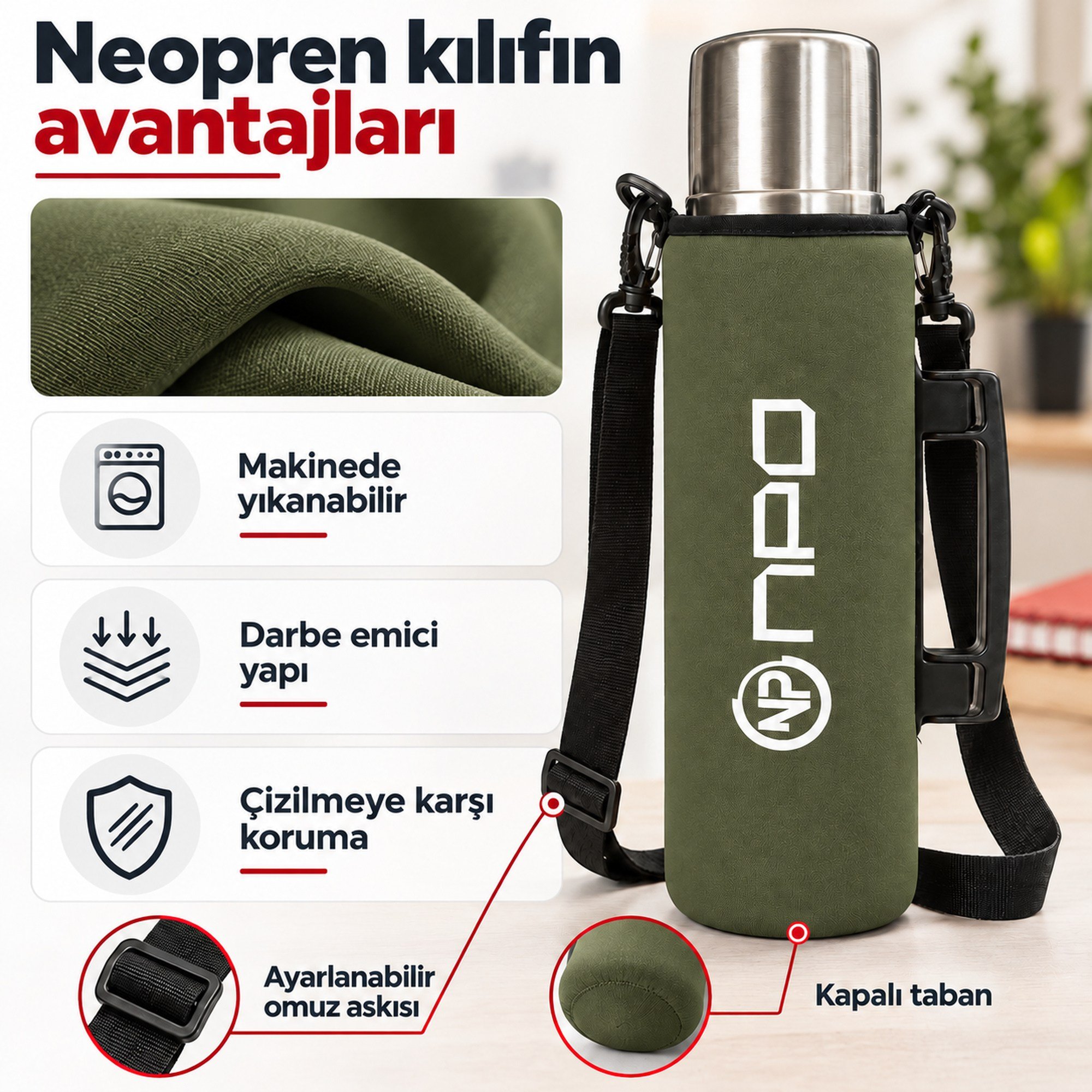 NPO NT01 2 Katman Vakum Teknolojili 24H Sıcak 48H Soğuk 72H Buzlu Koruma Çelik Termos Haki Kılıflı