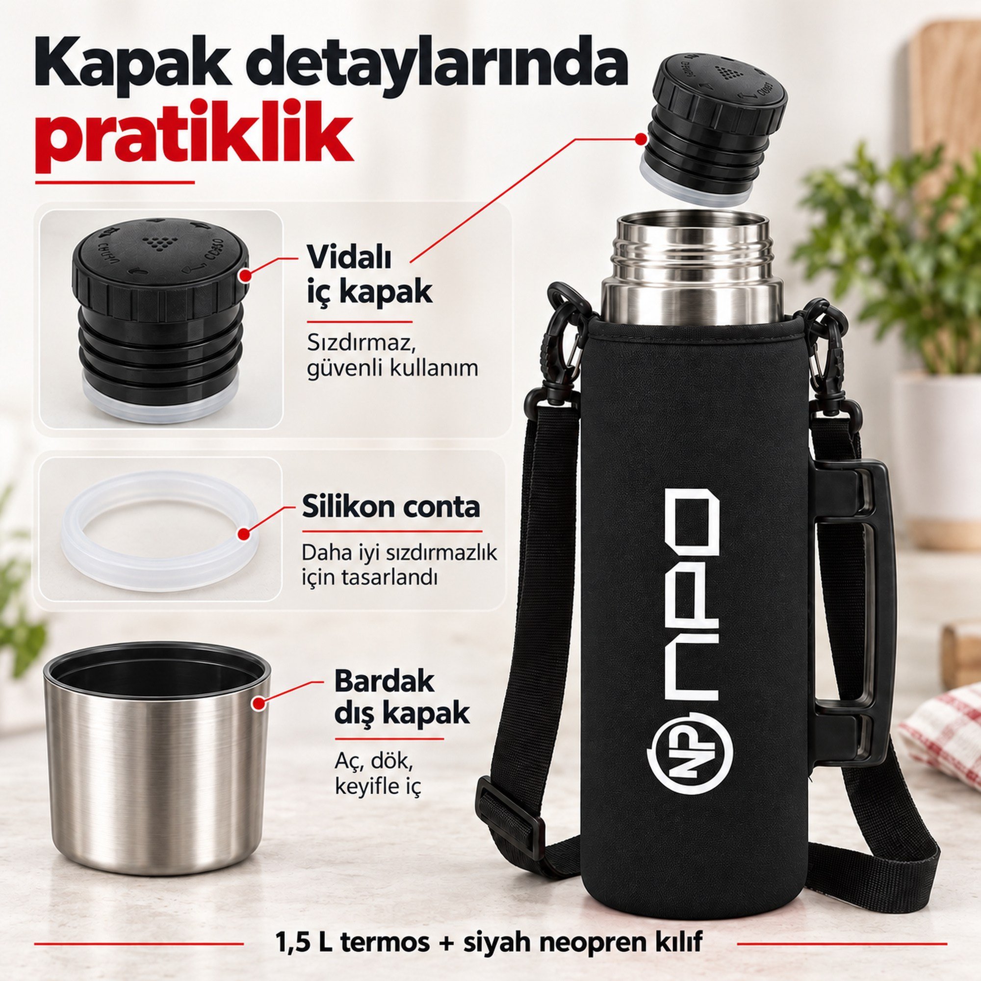 NPO NT01 2 Katman Vakum Teknolojili 24H Sıcak 48H Soğuk 72H Buzlu Koruma Çelik Termos Siyah Kılıflı