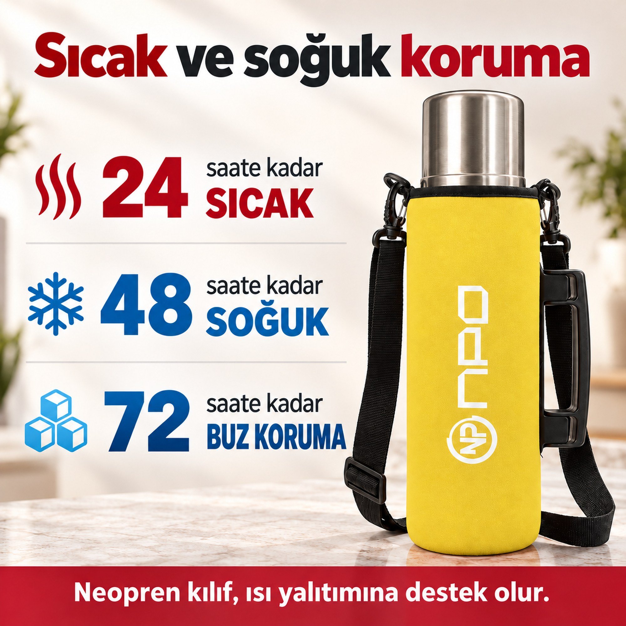 NPO NT01 2 Katman Vakum Teknolojili 24H Sıcak 48H Soğuk 72H Buzlu Koruma Çelik Termos Sarı Kılıflı