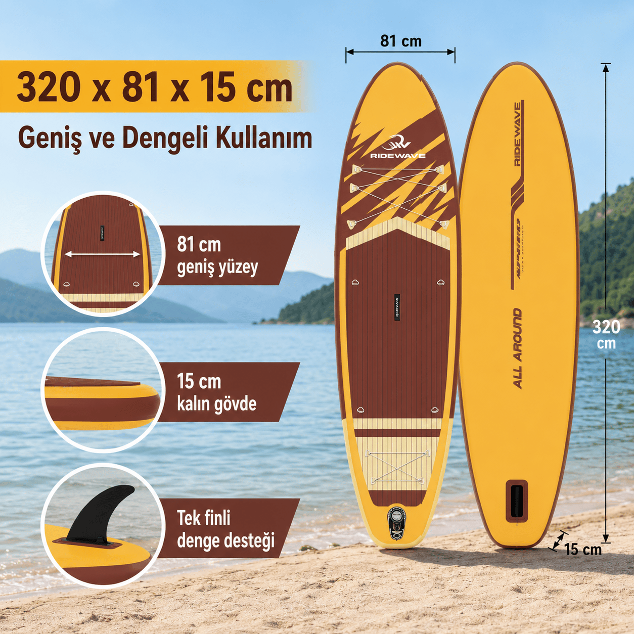 NPO Ridewave 320x81x15cm Şişme SUP Paddle Board 196kg Kürek Pompa Çanta  Set