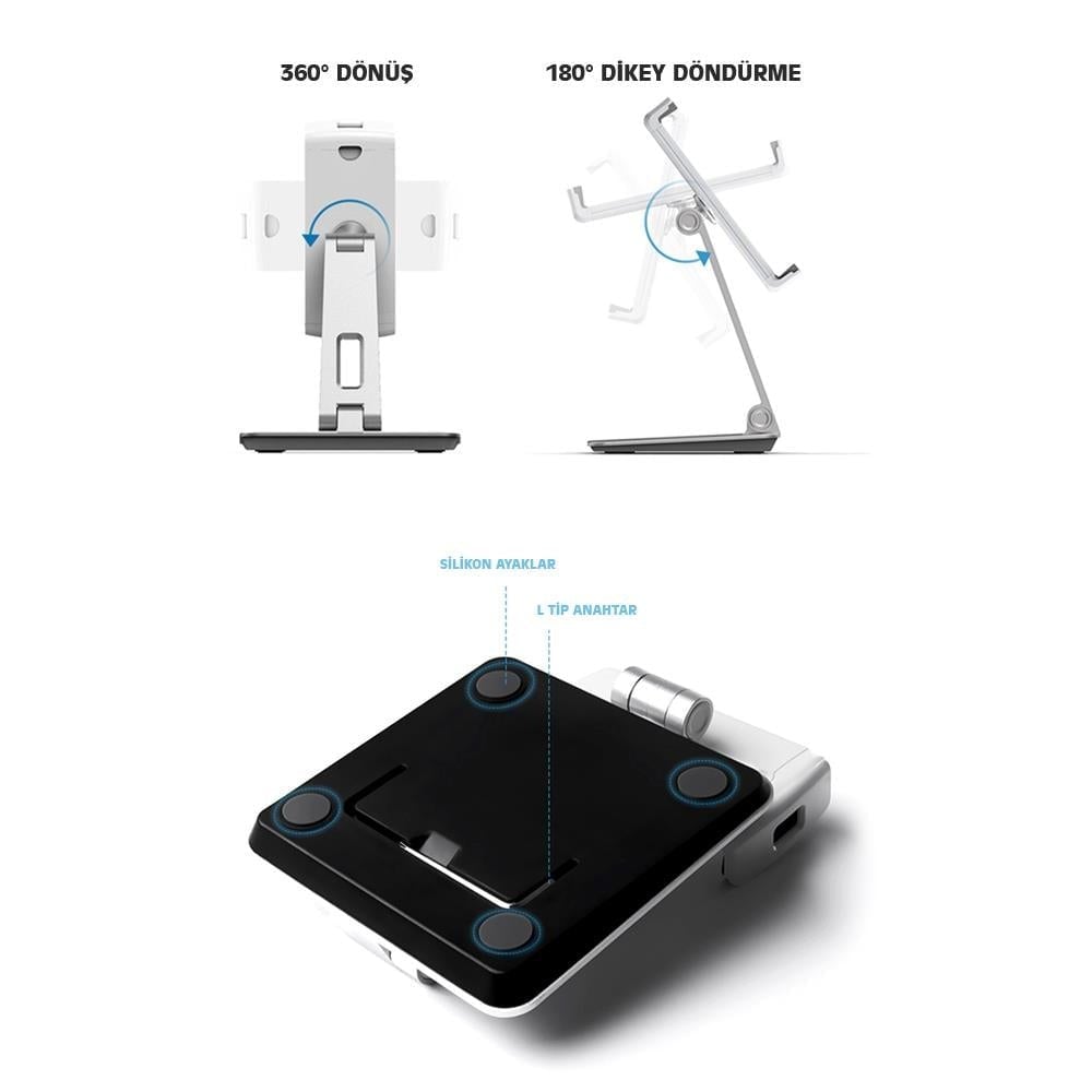 NPO STD20116G 360°Ayarlanabilir Tablet ve Telefon Tutucu Stand Koyu Gri