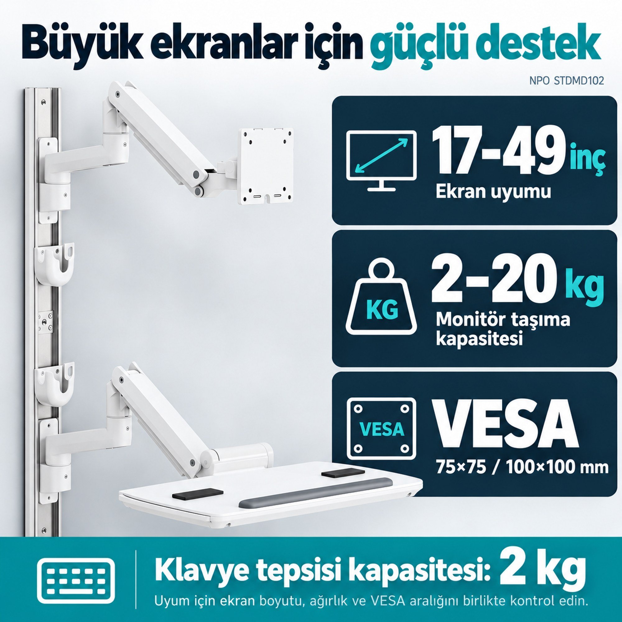 NPO STDMD102 Ağır Hizmet Tipi(Medikal/Depo/Market) Duvara Monte Ayarlı Çalışma İstasyonu