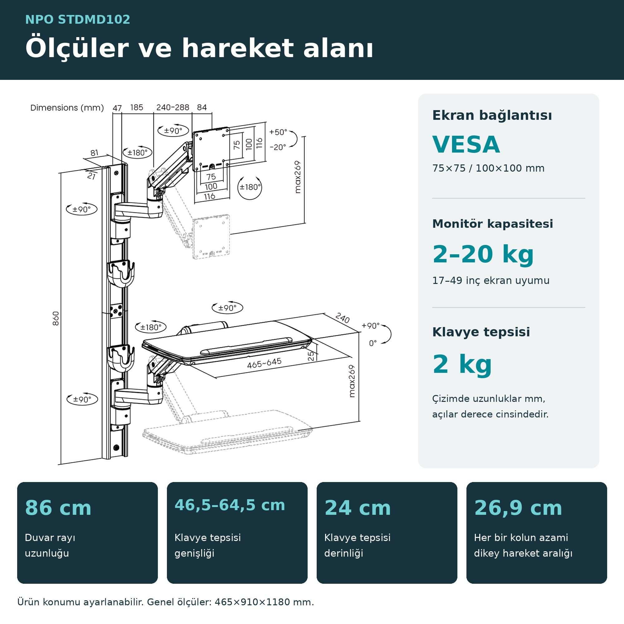 NPO STDMD102 Ağır Hizmet Tipi(Medikal/Depo/Market) Duvara Monte Ayarlı Çalışma İstasyonu