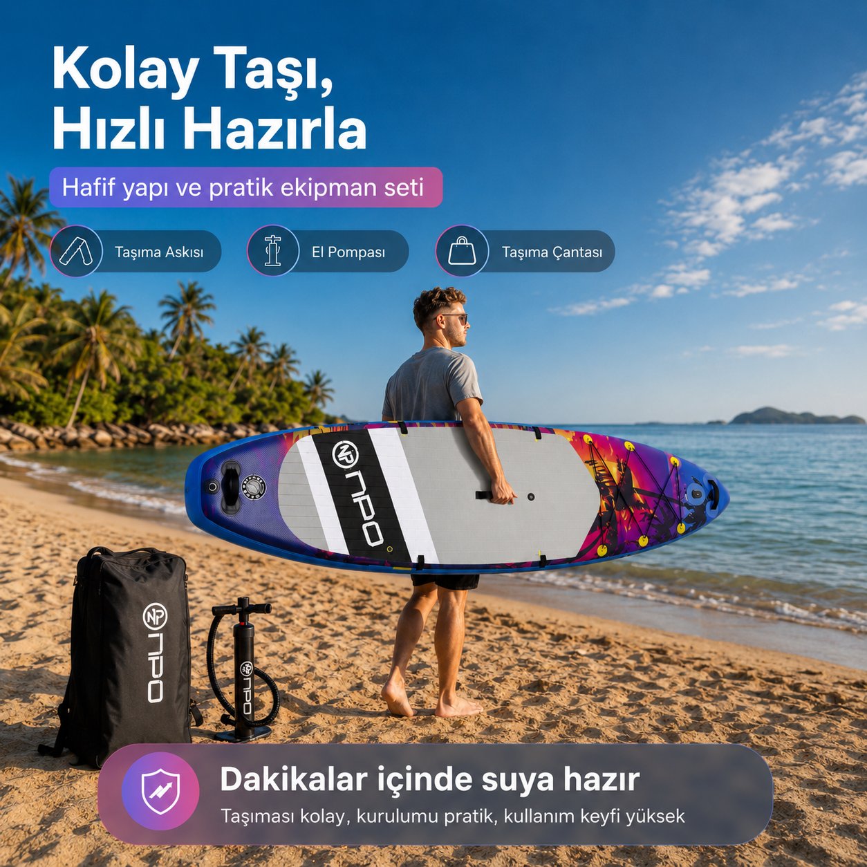 NPO Sunset Palm 305x81x15cm Şişme Premium SUP Paddle Board 148kg Kürek Pompa Çanta Koltuklu Full Set