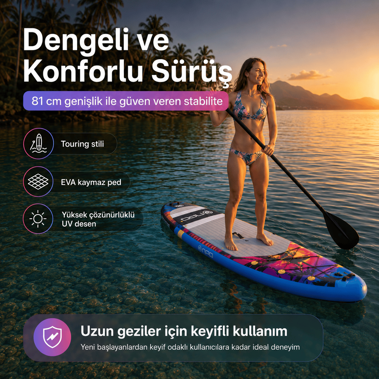 NPO Sunset Palm 305x81x15cm Şişme Premium SUP Paddle Board 148kg Kürek Pompa Çanta Koltuklu Full Set