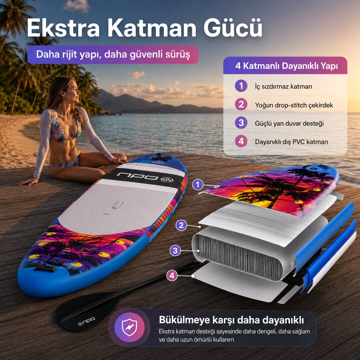 NPO Sunset Palm 305x81x15cm Şişme Premium SUP Paddle Board 148kg Kürek Pompa Çanta Koltuklu Full Set