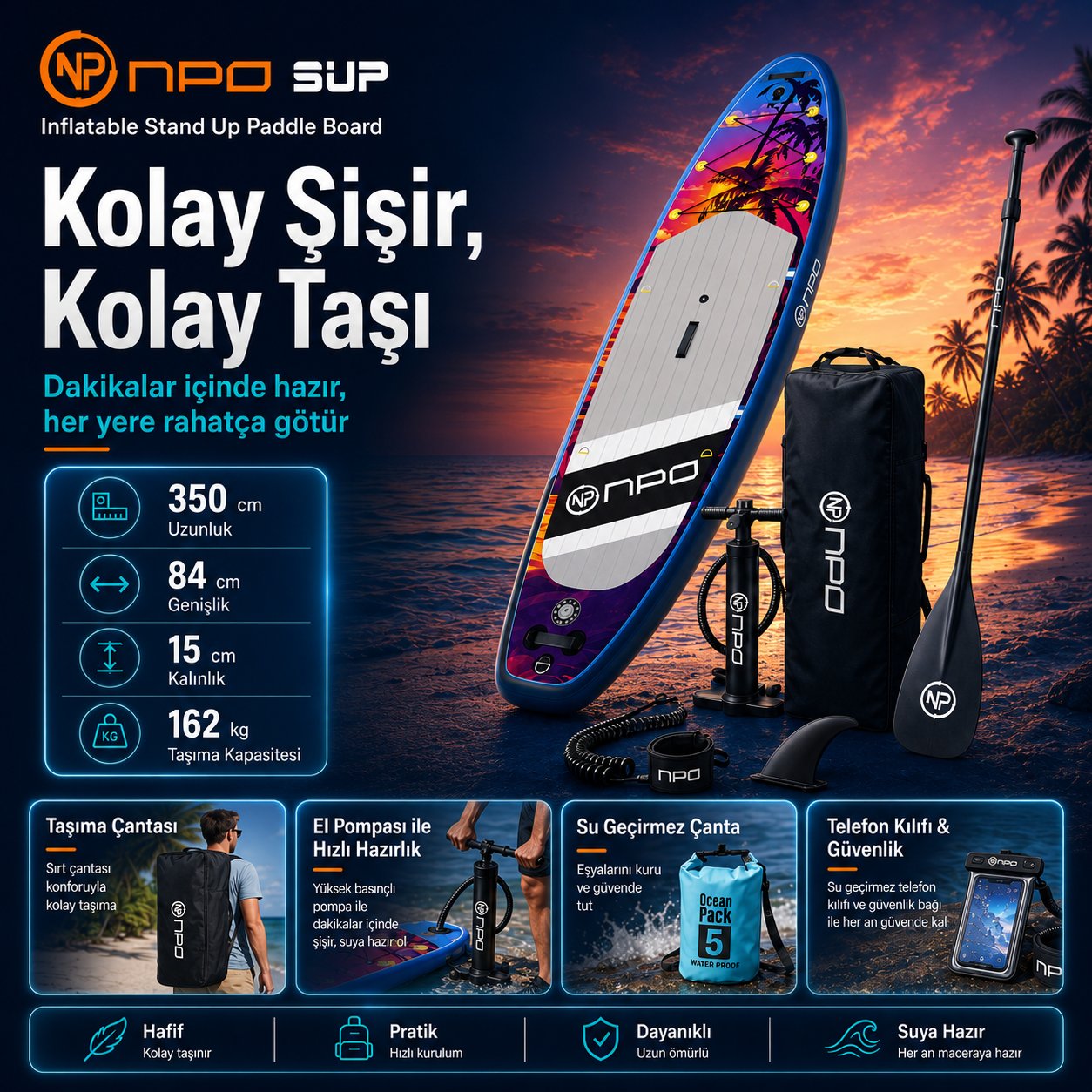 NPO Sunset Palm 305x81x15cm Şişme Premium SUP Paddle Board 148kg Kürek Pompa Çanta Koltuklu Full Set