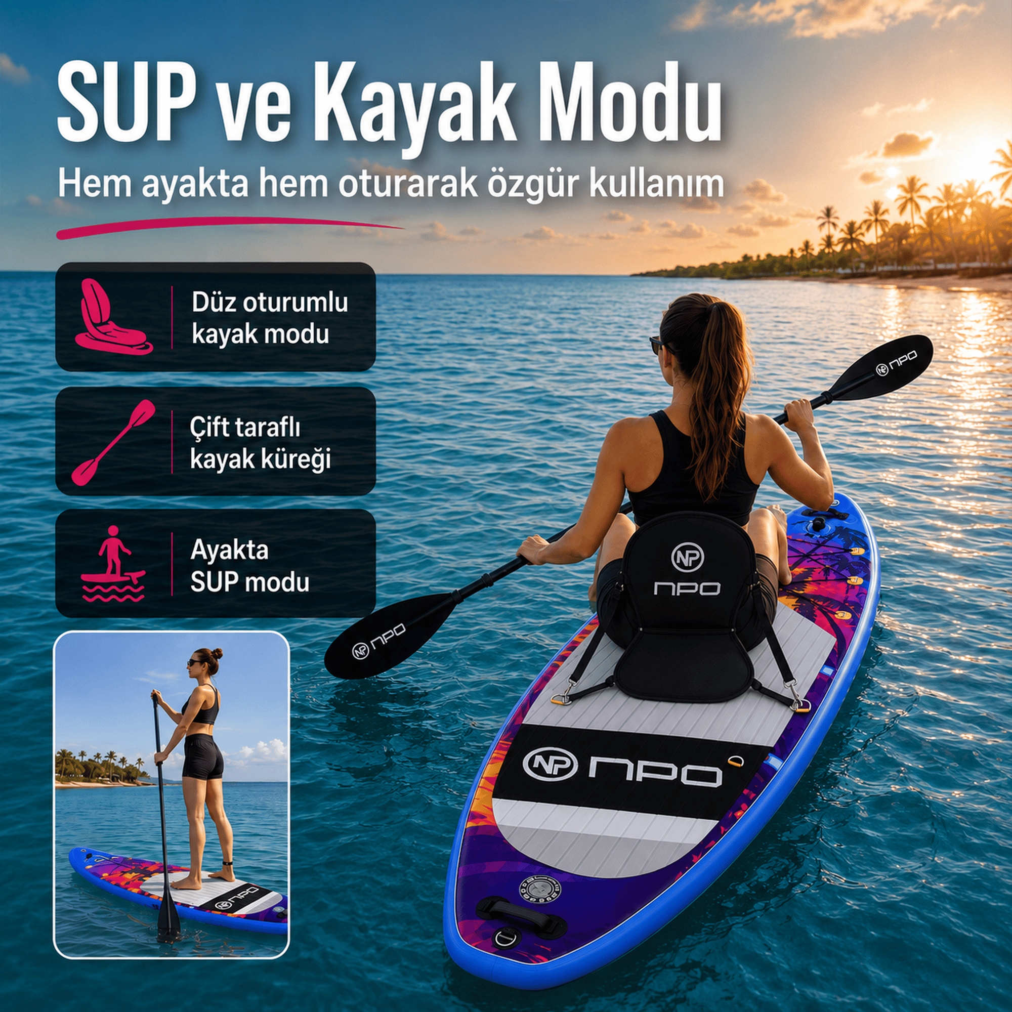 NPO Sunset Palm 320x81x15cm Şişme Premium SUP Paddle Board 148kg Kürek Pompa Çanta Koltuklu Full Set