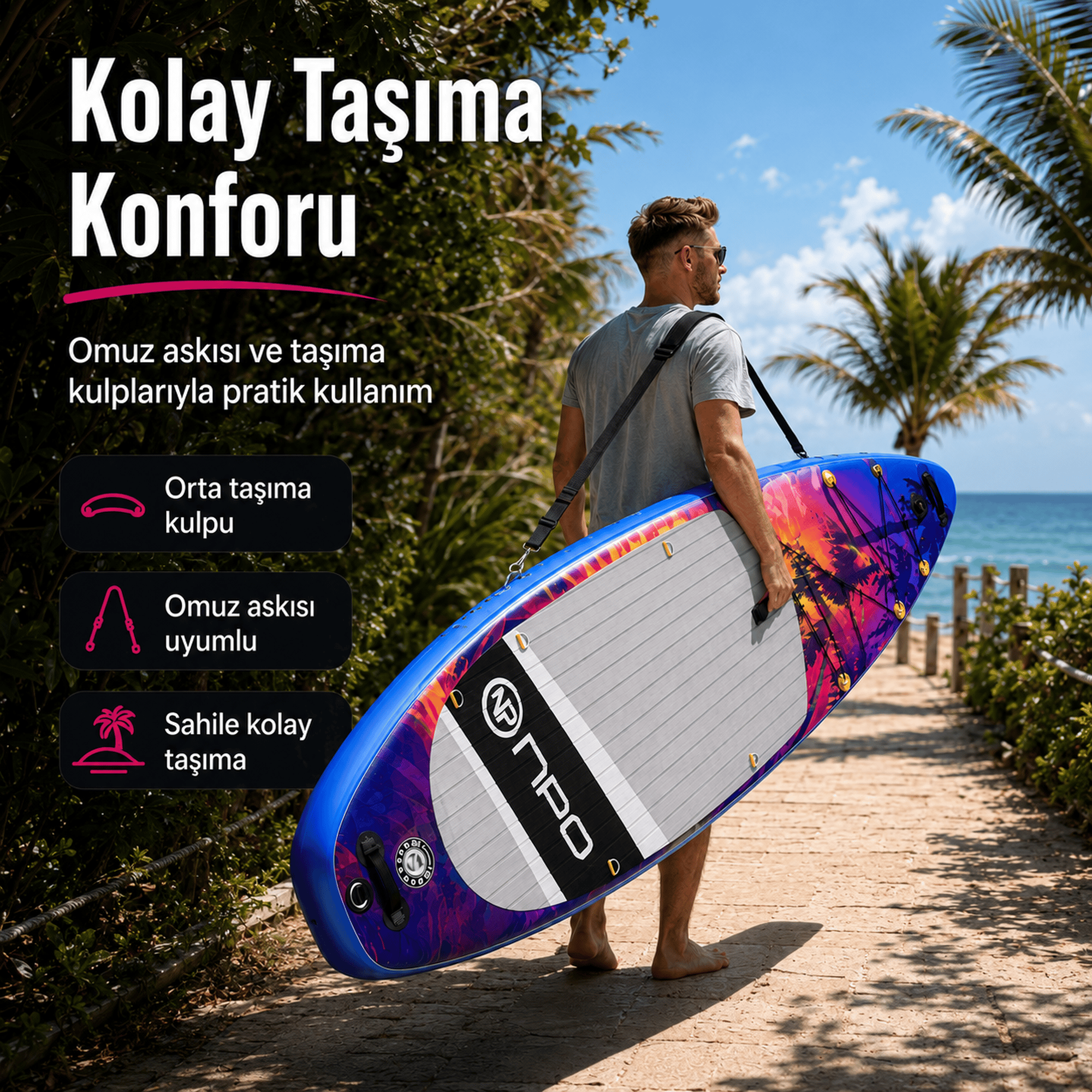 NPO Sunset Palm 320x81x15cm Şişme Premium SUP Paddle Board 148kg Kürek Pompa Çanta Koltuklu Full Set