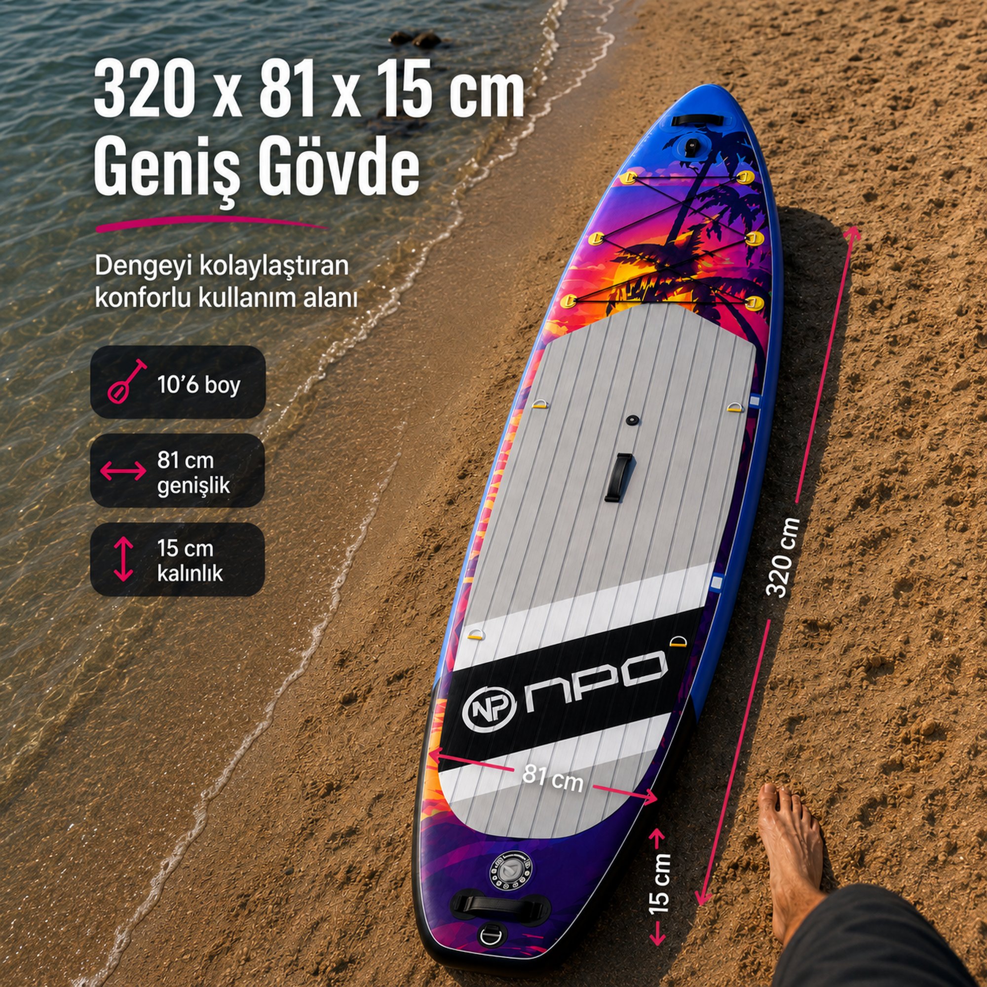 NPO Sunset Palm 320x81x15cm Şişme Premium SUP Paddle Board 148kg Kürek Pompa Çanta Koltuklu Full Set