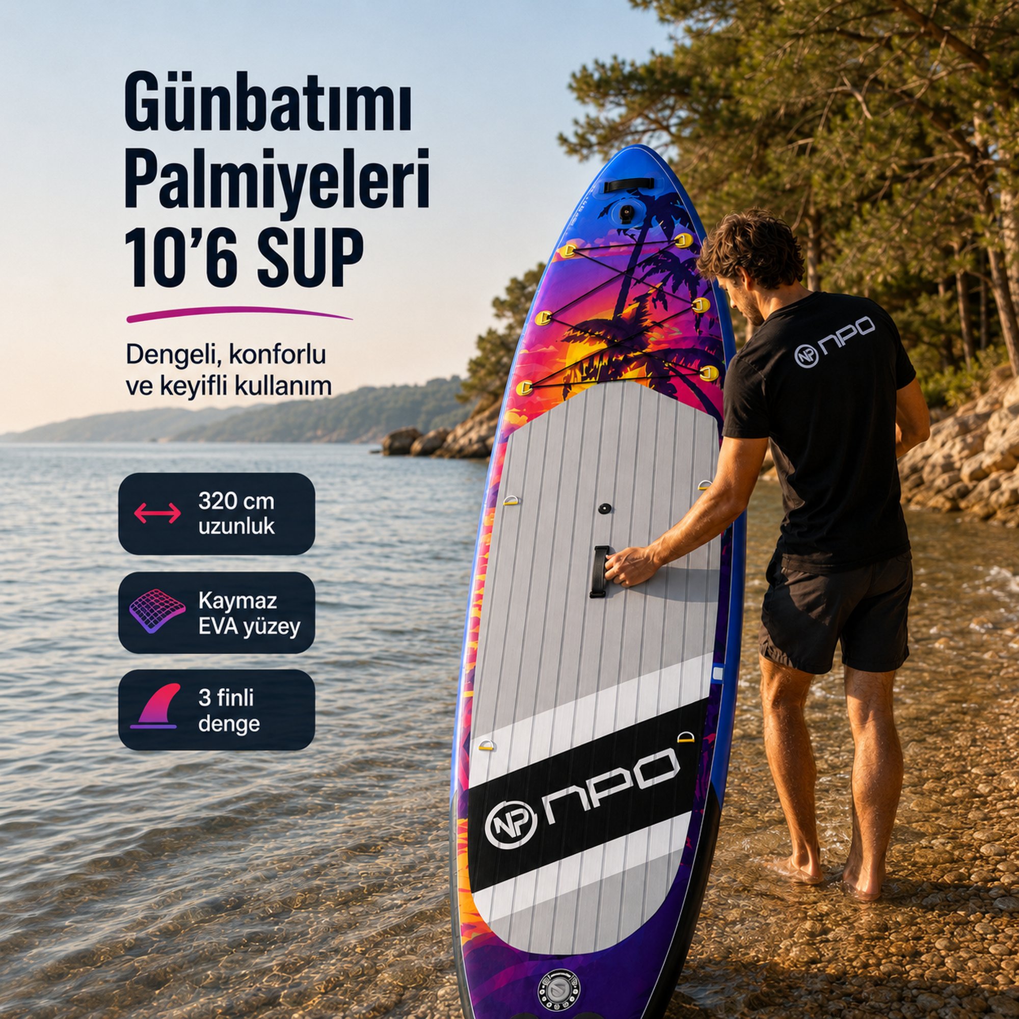 NPO Sunset Palm 320x81x15cm Şişme Premium SUP Paddle Board 148kg Kürek Pompa Çanta Koltuklu Full Set