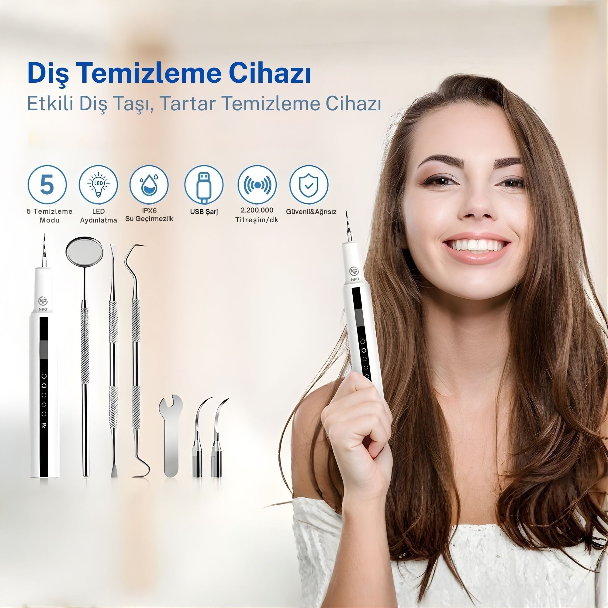 NPO T7 Smart 5 Modlu Ultrasonic Diş Beyazlatma Tartar Plak Diş Taşı Temizleme Cihazı