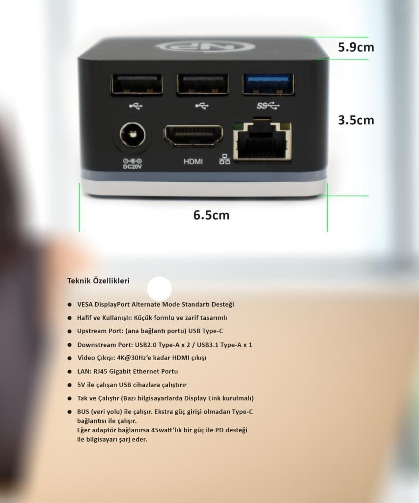 NPO TCD-101 Mac Uyumlu  4k HDMI 3xUSB 45w PD Mini Docking Station