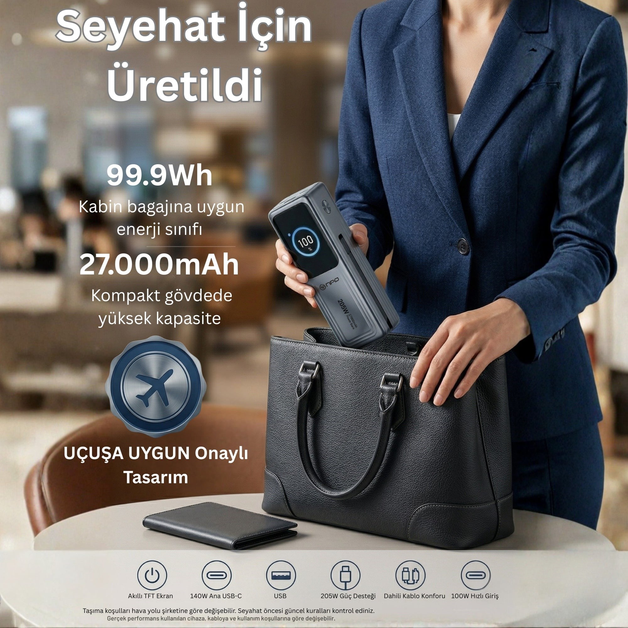NPO WP001A 2xUSB-C,1xUSB-C Kablolu Led Ekranlı 205W 27.000mAh PD GaN3 Smart Powerbank