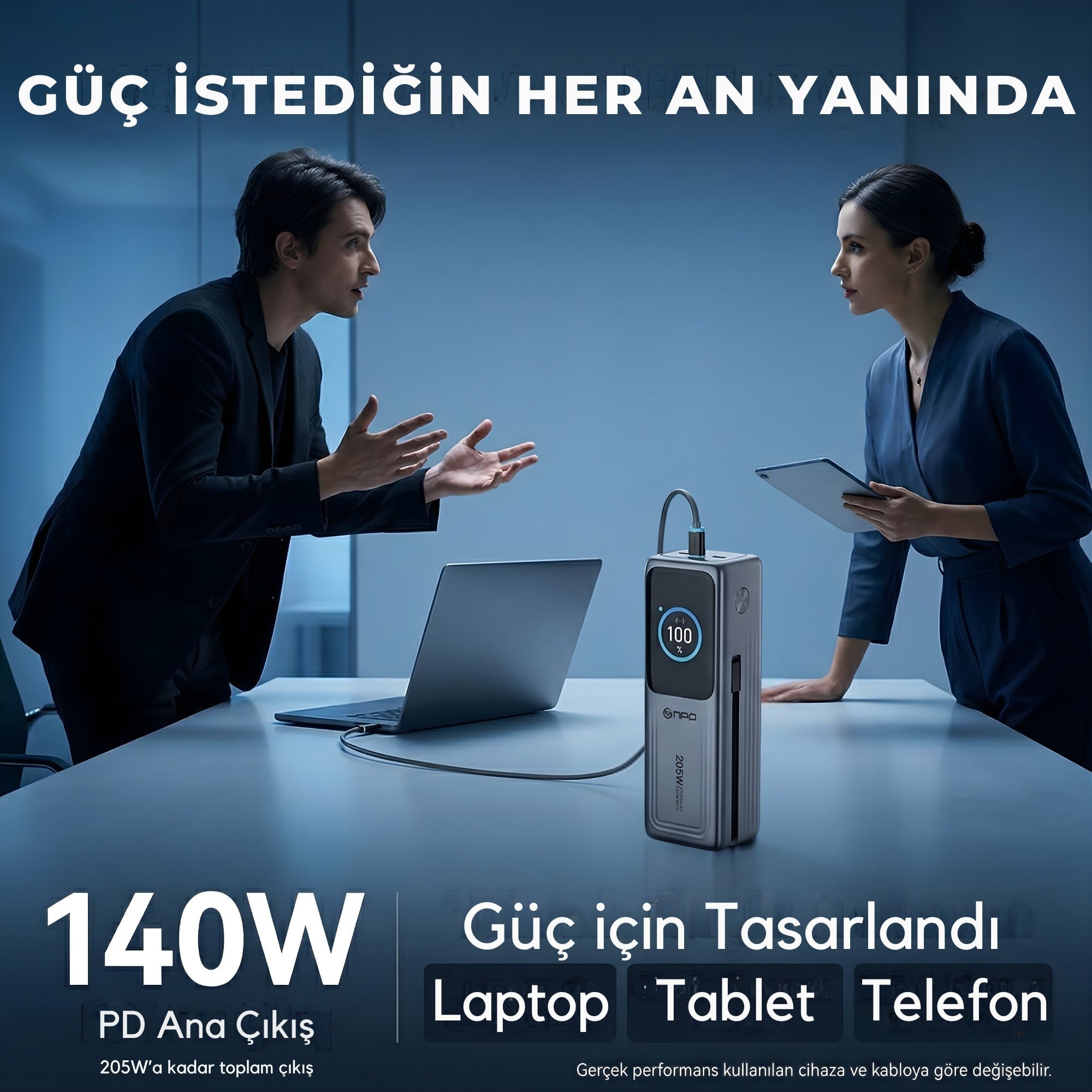 NPO WP001A 2xUSB-C,1xUSB-C Kablolu Led Ekranlı 205W 27.000mAh PD GaN3 Smart Powerbank