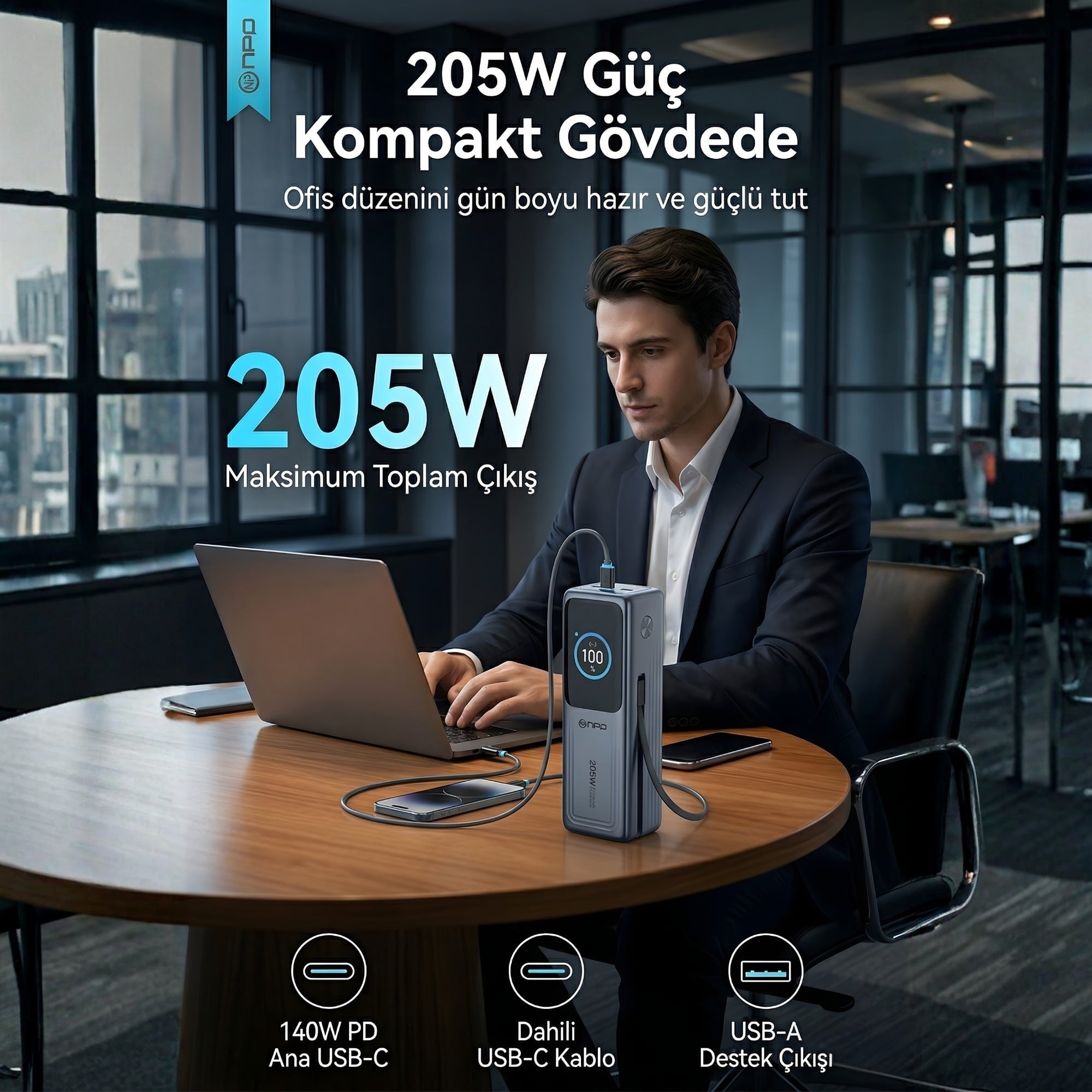 NPO WP001A 2xUSB-C,1xUSB-C Kablolu Led Ekranlı 205W 27.000mAh PD GaN3 Smart Powerbank