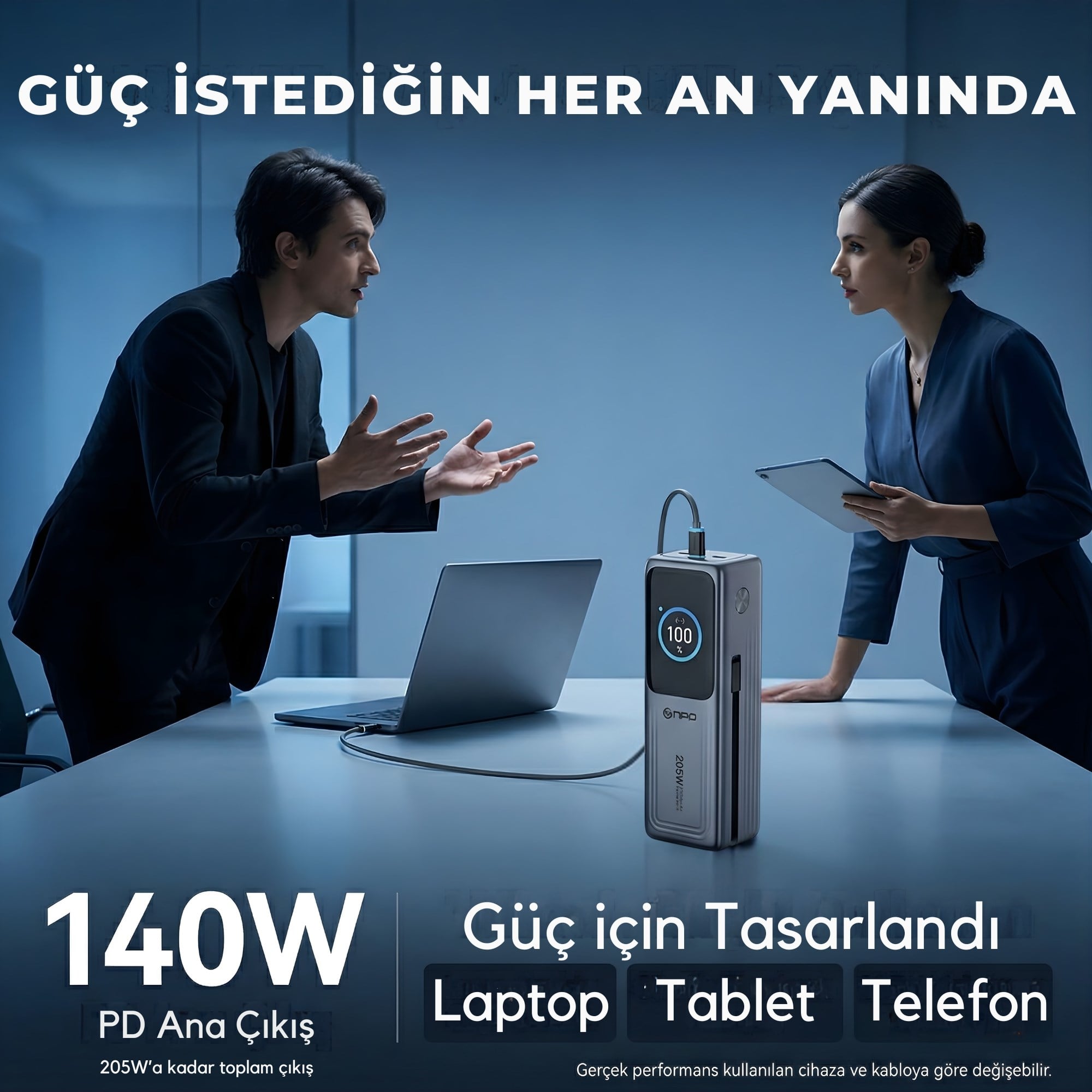 NPO WP001A-G 205W 27.000 mAh 2 USB-C Portlu Dahili USB-C Kablolu LED Ekranlı PD GaN3 Powerbank