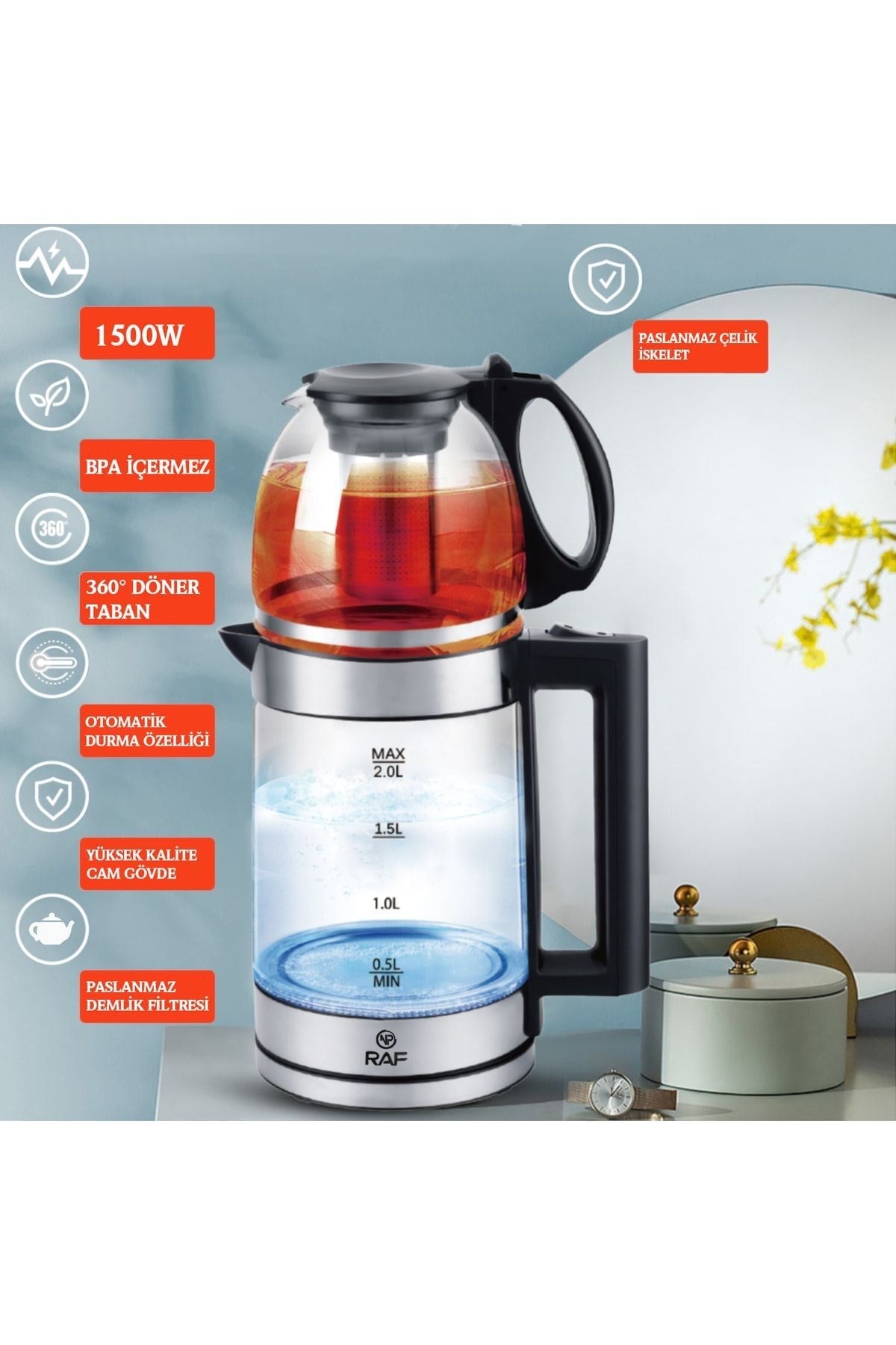 Raf R7898 Ledli 1500w 2litre Su Isıtıcı Cam Kettle Süzgeçli Cam Çay Demliği