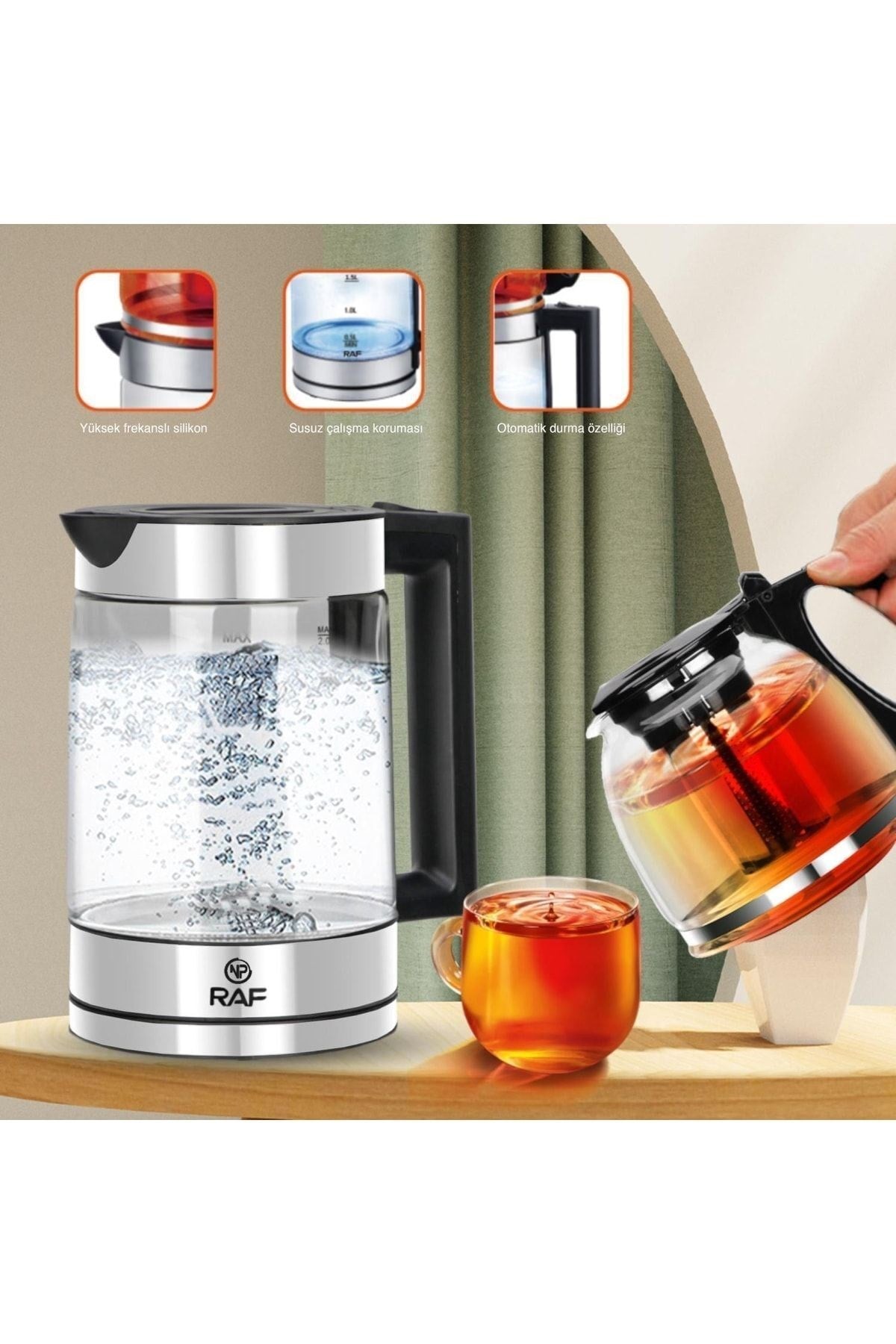Raf R7898 Ledli 1500w 2litre Su Isıtıcı Cam Kettle Süzgeçli Cam Çay Demliği