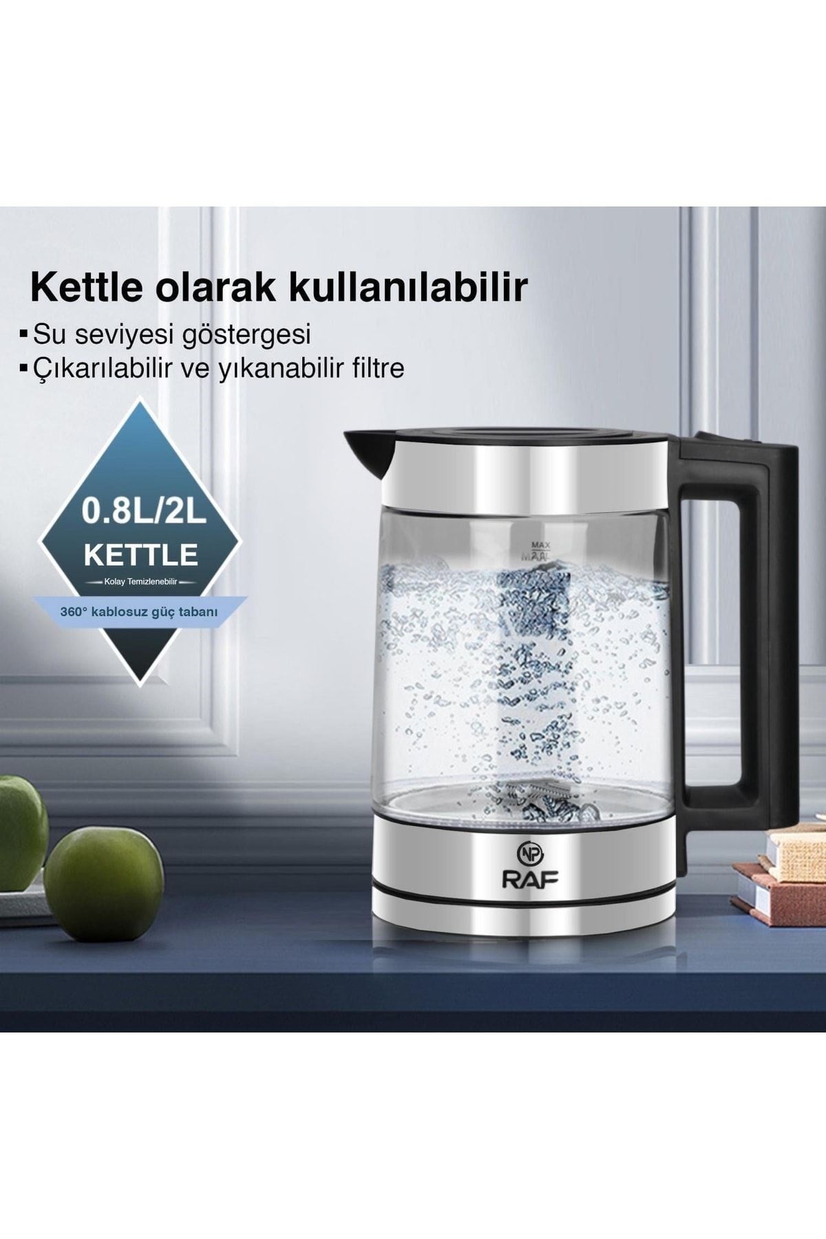 Raf R7898 Ledli 1500w 2litre Su Isıtıcı Cam Kettle Süzgeçli Cam Çay Demliği