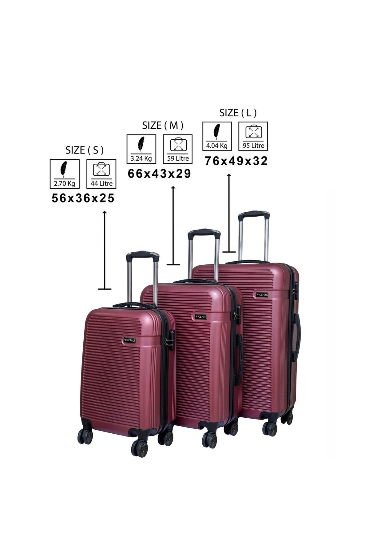 Sapphire Abs Kabin, Orta Ve Büyük Boy 3lü Kırılmaz Valiz Seti-bordo