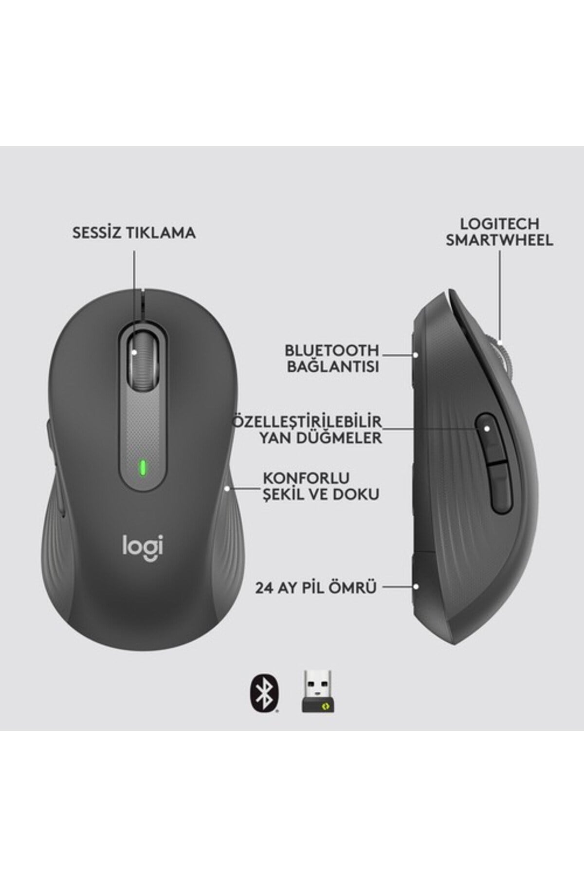 Signature M650 Küçük ve Orta Boy Sağ El Için Sessiz Kablosuz Mouse, Siyah 910-006253
